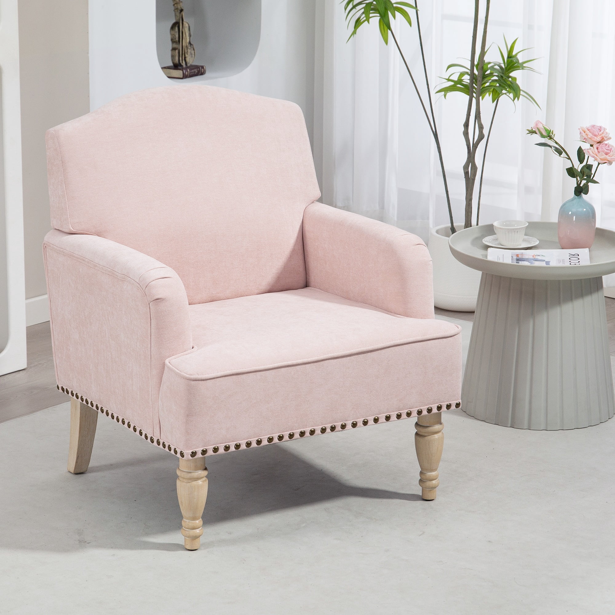 MOONMISS Modern Accent Chair Capacity Retro Wood Legs Nailhead Trim Comfy Upholstered Armchair for Living Room Bedroom,Light pink