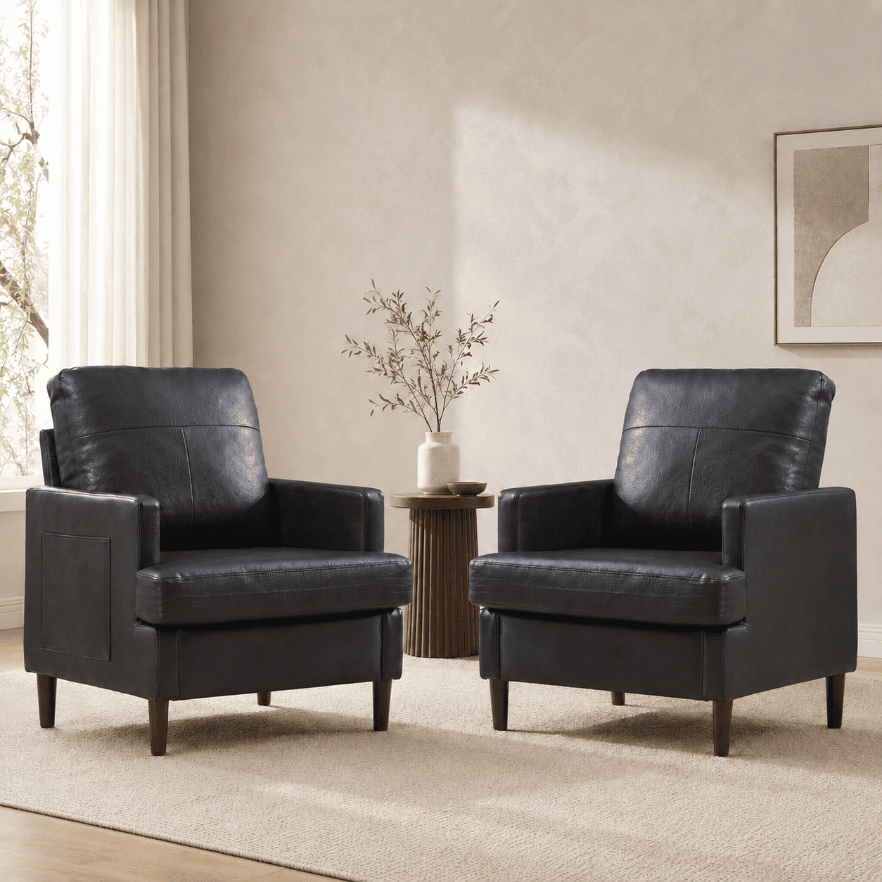 MOONMISS Modern Accent Chair Set of 2,PU Leather Single Sofa with Wood Legs,Reading Armchair for Living Room,Bedroom,Office,Black