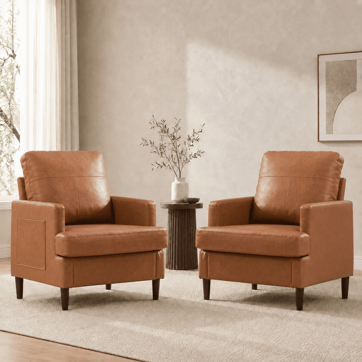 MOONMISS Modern Accent Chair Set of 2,PU Leather Single Sofa with Wood Legs,Reading Armchair for Living Room,Bedroom,Office,Brown