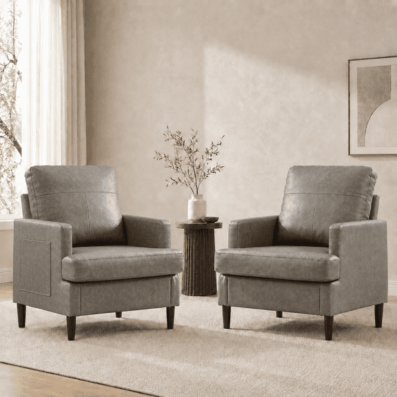 MOONMISS Modern Accent Chair Set of 2,PU Leather Single Sofa with Wood Legs,Reading Armchair for Living Room,Bedroom,Office,Gray