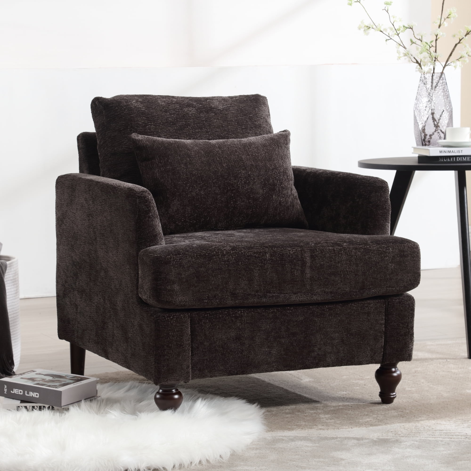 MOONMISS Modern Accent Chair, Wood Frame Upholstered Chenille Arm Chair, Comfy Small Single Couch For Living Room, Bedroom,Office Room Black