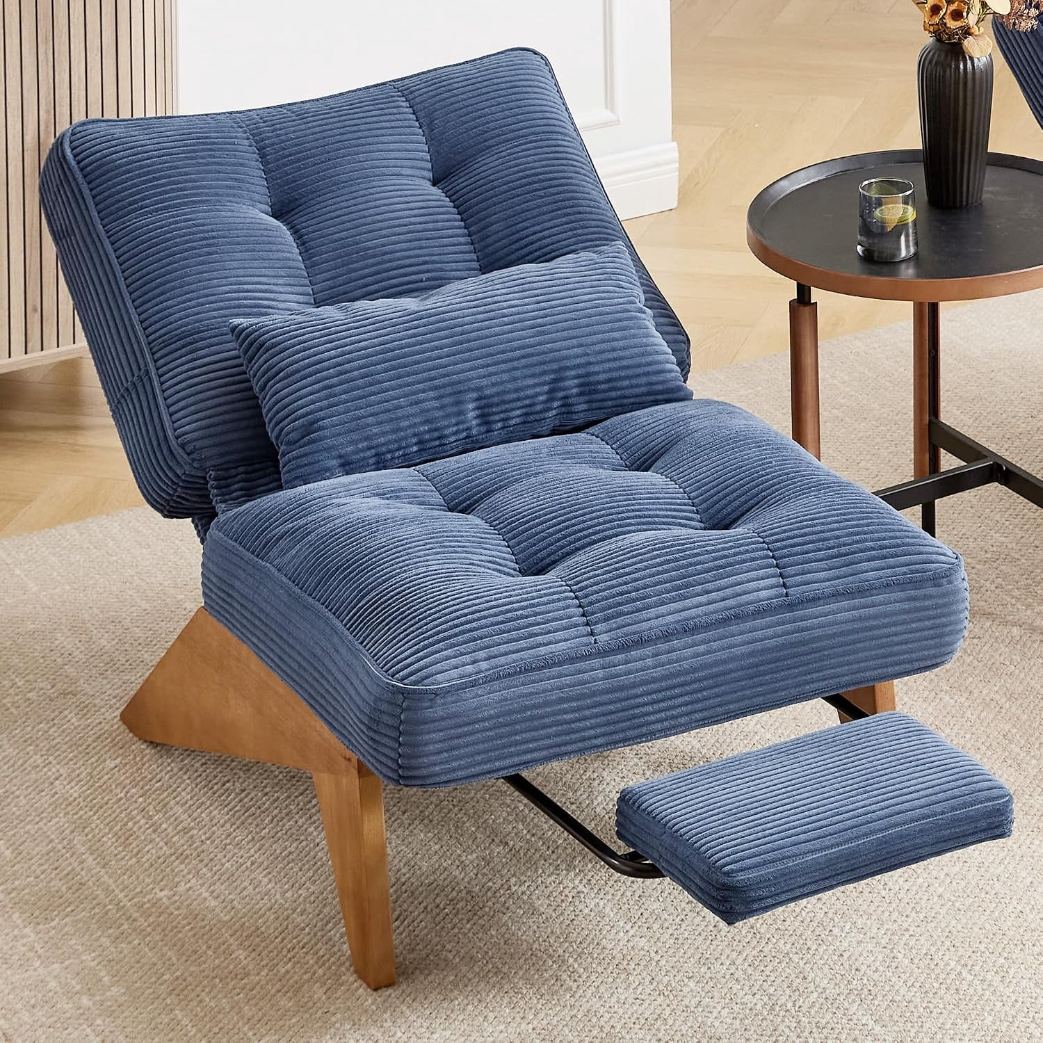 MOONMISS Modern Adjustable Lounge Chair with Footrest,Wooden Base Upholstered Recliner for Reading Rest Corduroy