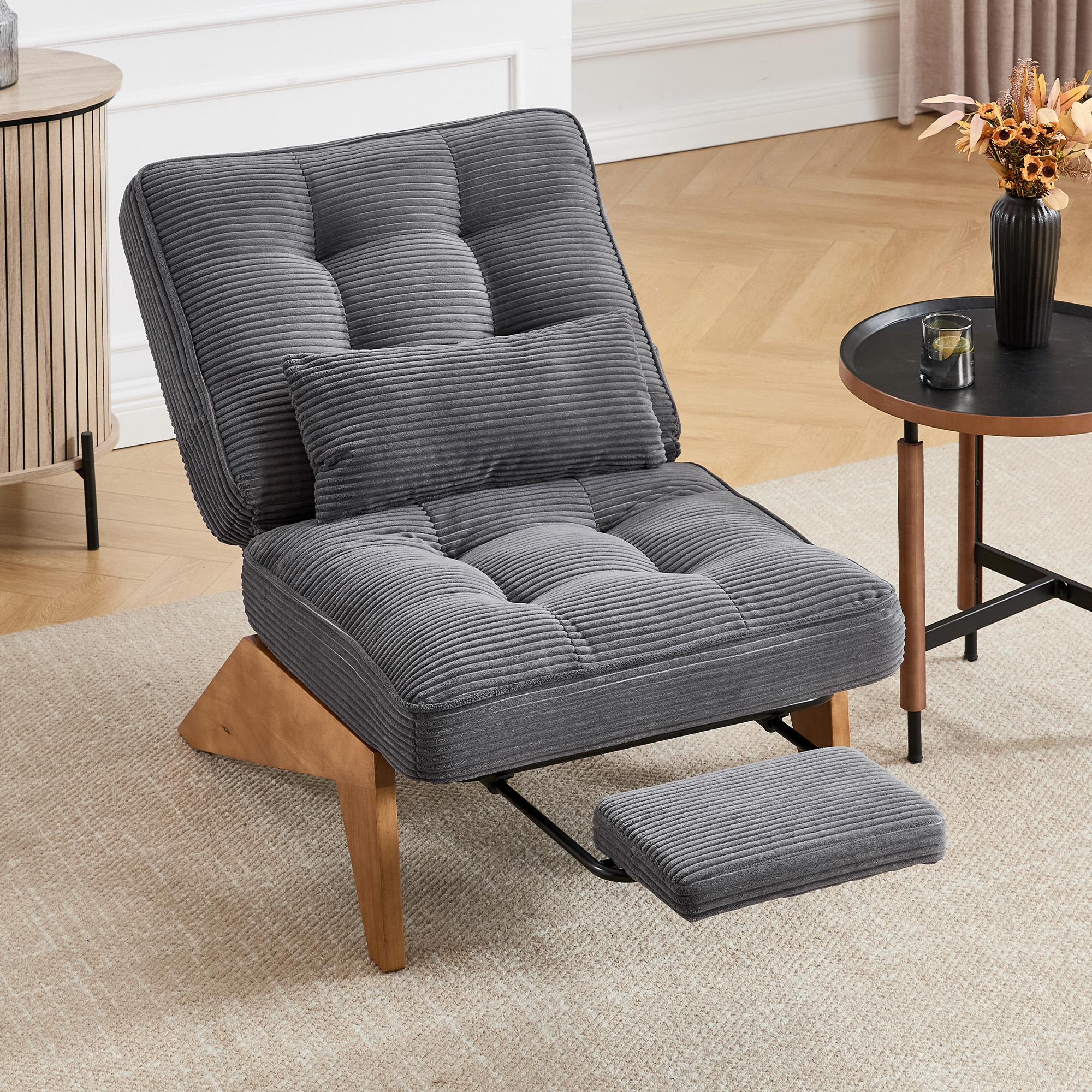 MOONMISS Modern Adjustable Lounge Chair with Footrest,Wooden Base Upholstered Recliner for Reading Rest Striped Velvet