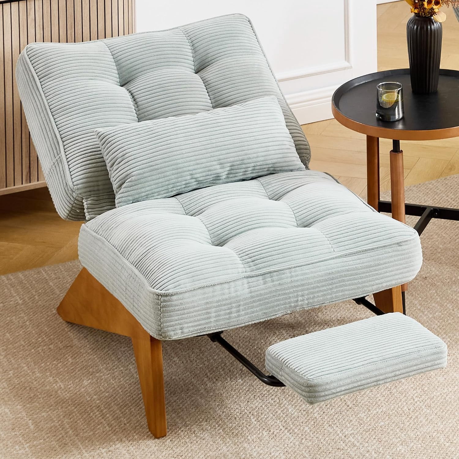 MOONMISS Modern Adjustable Lounge Chair with Footrest,Wooden Base Upholstered Recliner for Reading Rest Corduroy