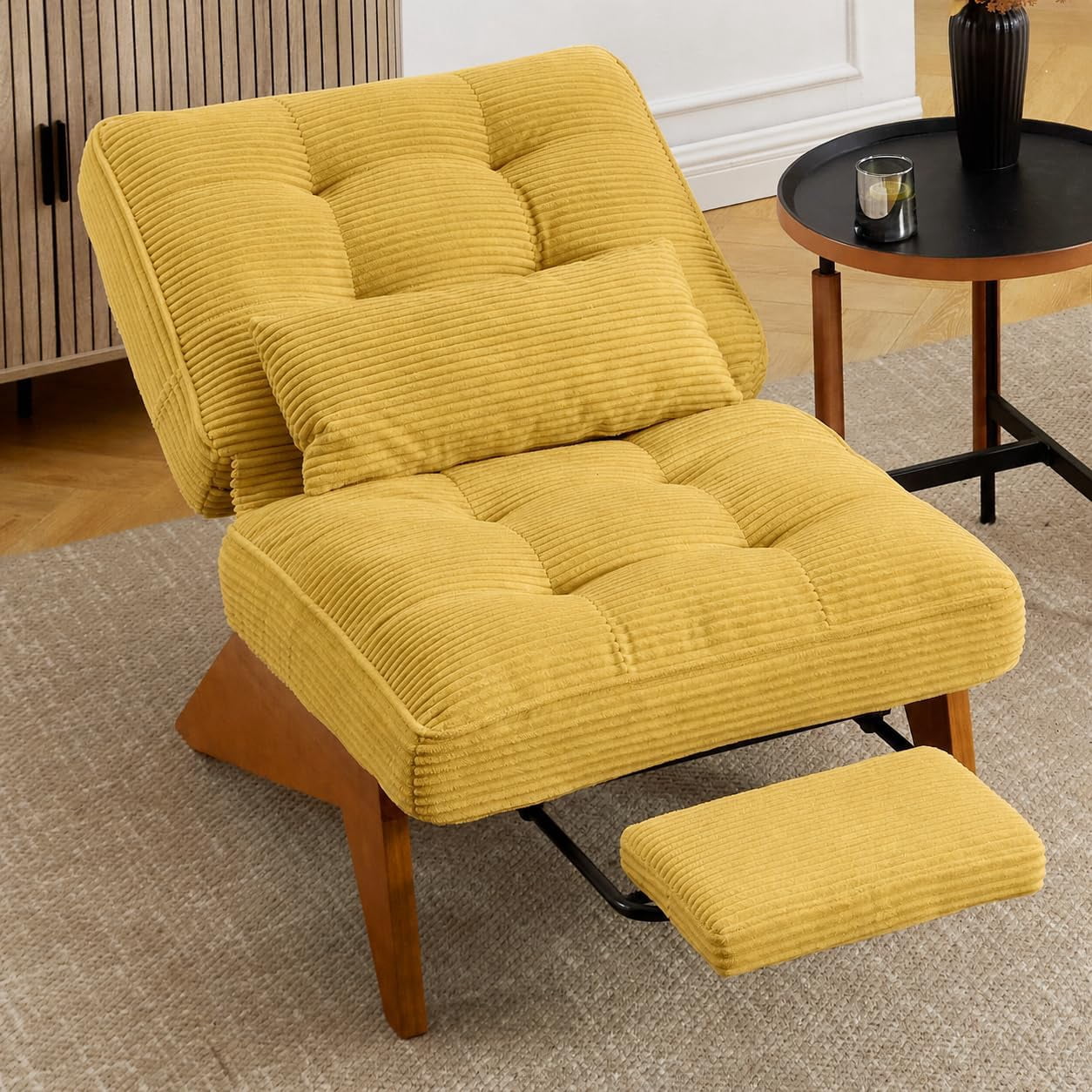 MOONMISS Modern Adjustable Lounge Chair with Footrest,Wooden Base Upholstered Recliner for Reading Rest Corduroy