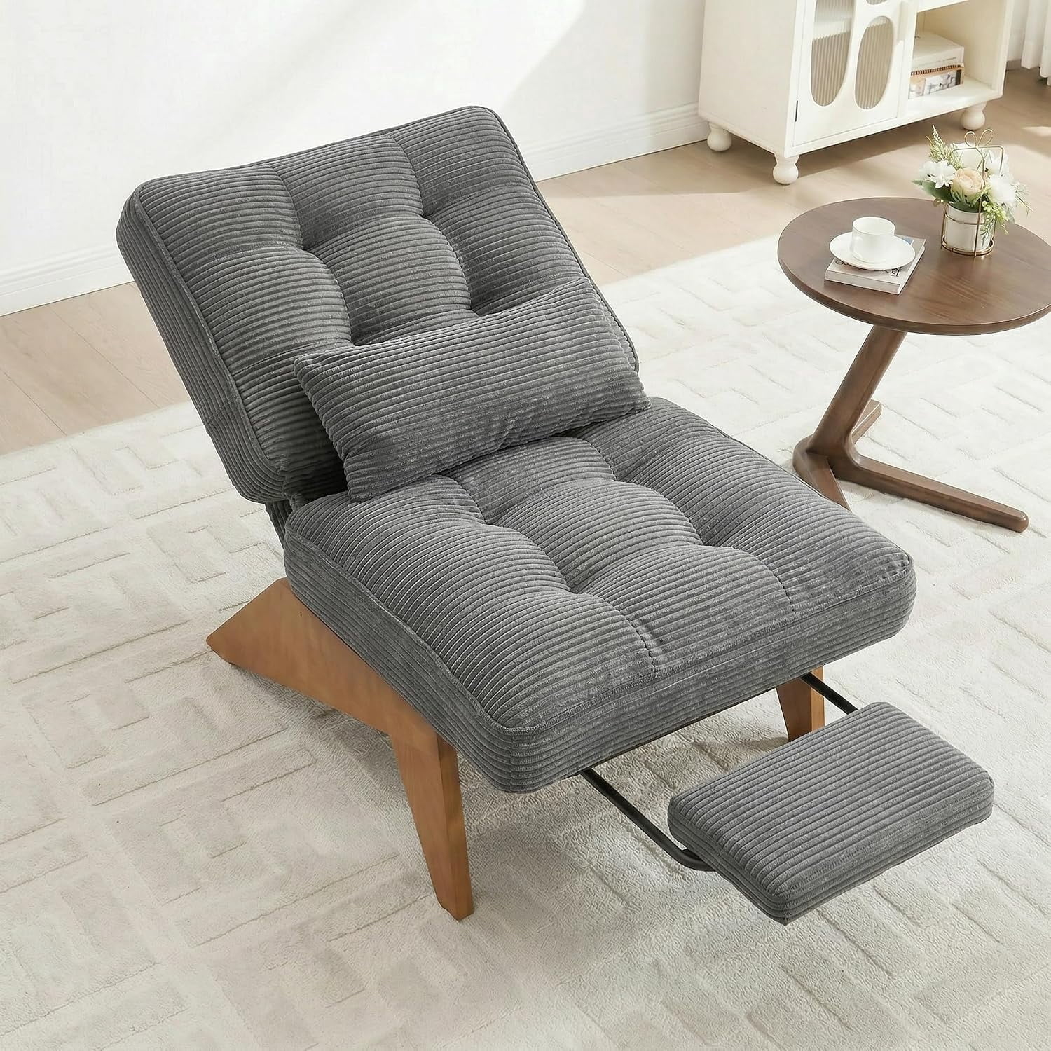 MOONMISS Modern Adjustable Lounge Chair with Footrest,Wooden Base Upholstered Recliner for Reading Rest Corduroy