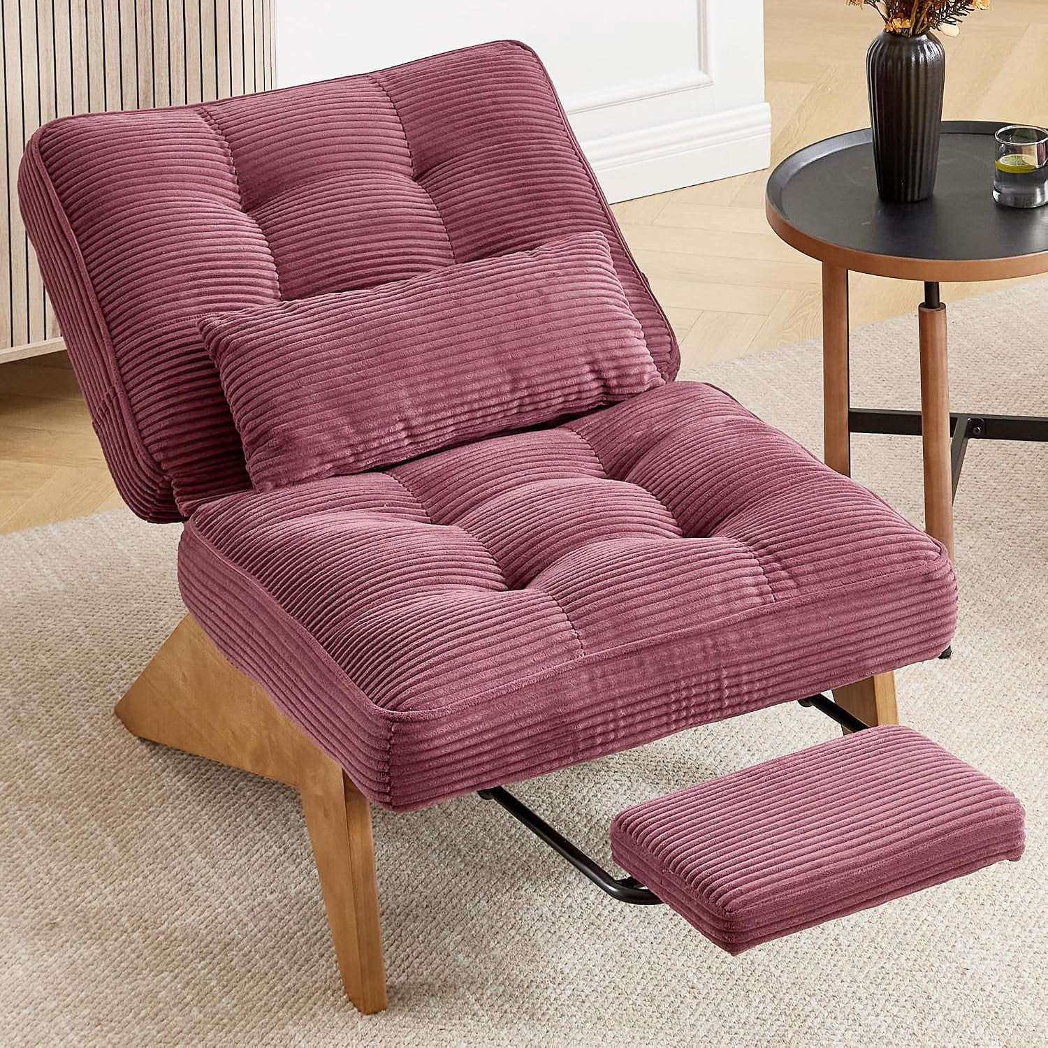 MOONMISS Modern Adjustable Lounge Chair with Footrest,Wooden Base Upholstered Recliner for Reading Rest Corduroy