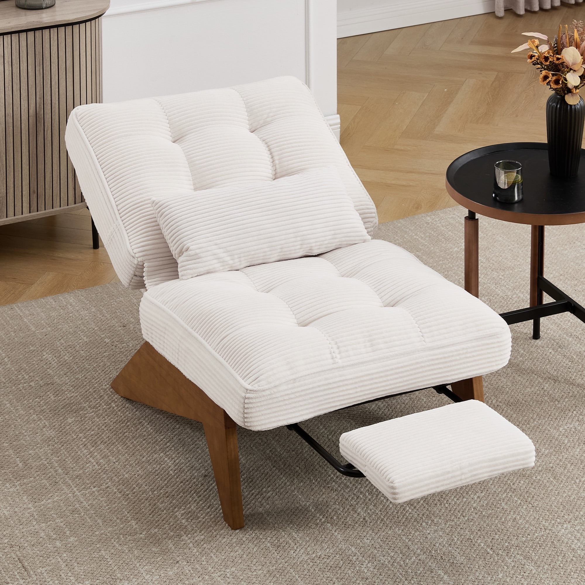 MOONMISS Modern Adjustable Lounge Chair with Footrest,Wooden Base Upholstered Recliner for Reading Rest Striped Velvet