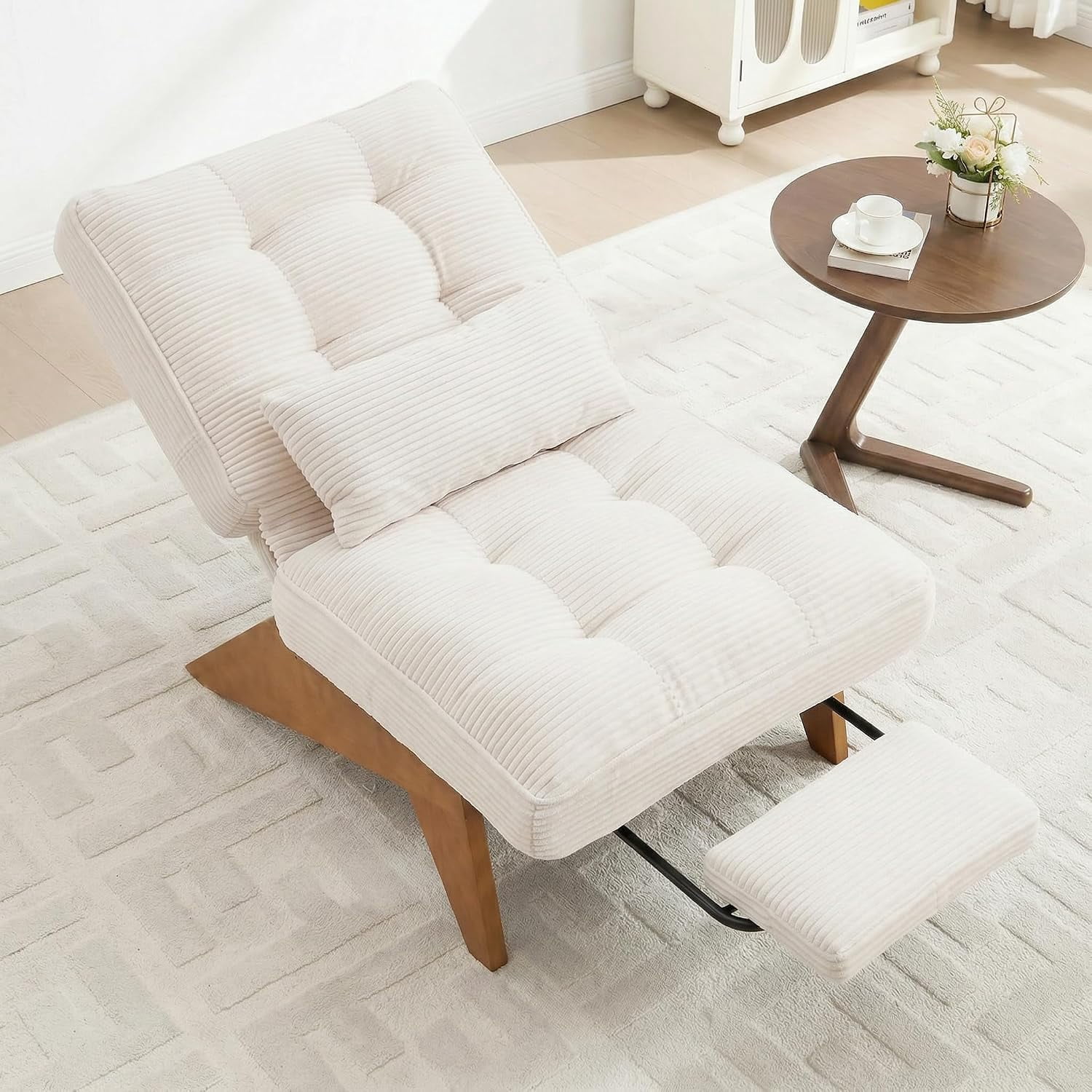 MOONMISS Modern Adjustable Lounge Chair with Footrest,Wooden Base Upholstered Recliner for Reading Rest Corduroy