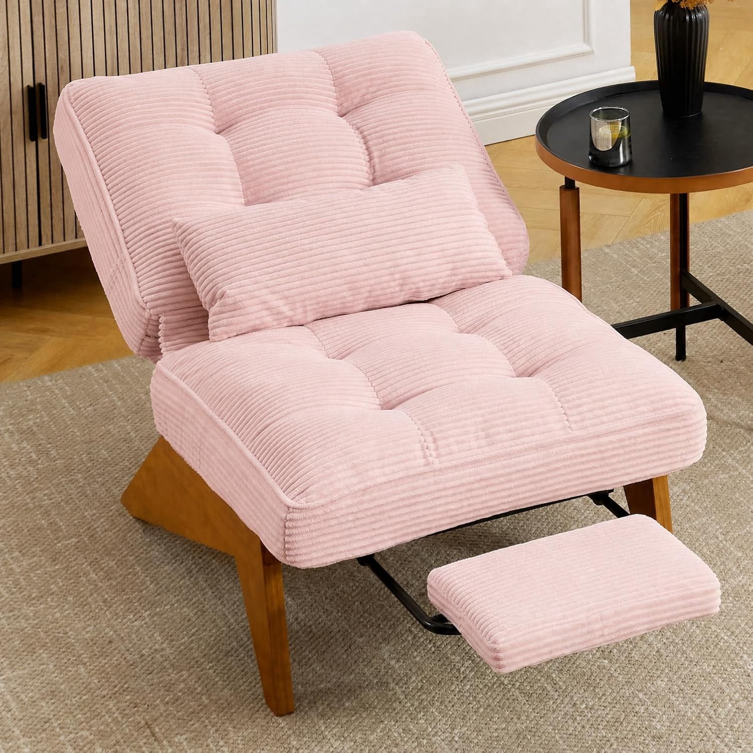 MOONMISS Modern Adjustable Lounge Chair with Footrest,Wooden Base Upholstered Recliner for Reading Rest Corduroy