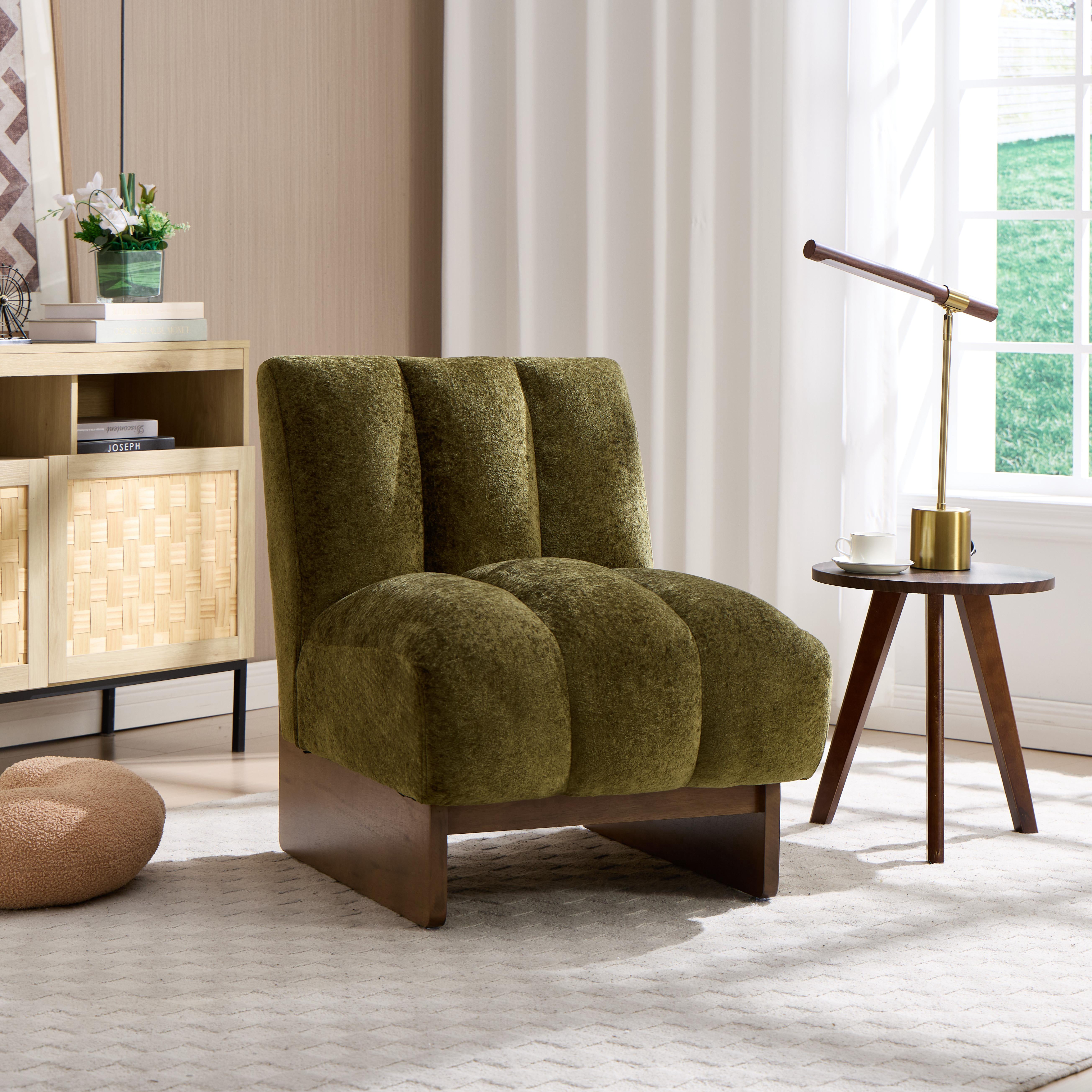 MOONMISS Modern Chenille Fabric Armchair with Wood Legs, Comfy Upholstered Reading Accent Chairs for Living Room,Green