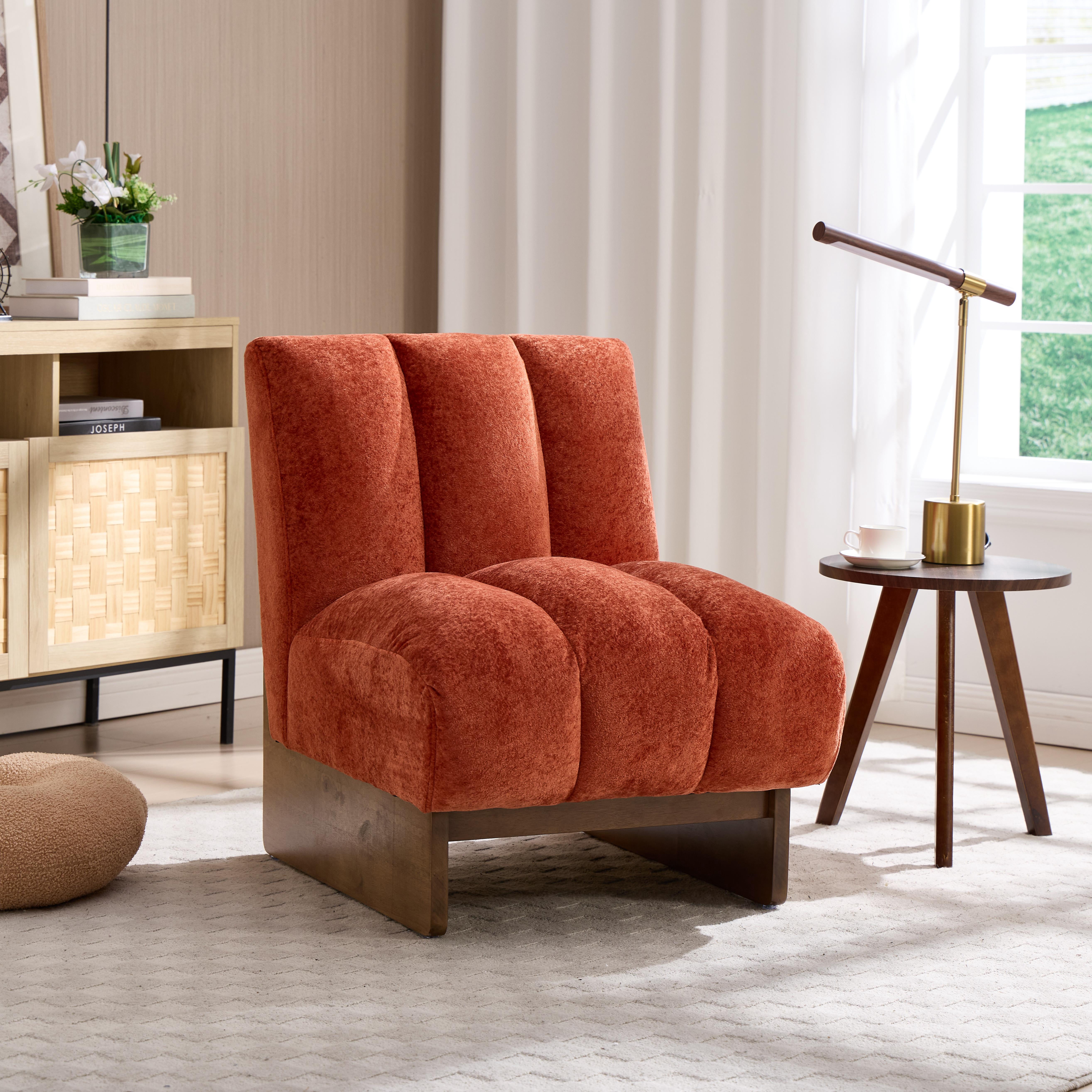 MOONMISS Modern Chenille Fabric Armchair with Wood Legs, Comfy Upholstered Reading Accent Chairs for Living Room,Orange