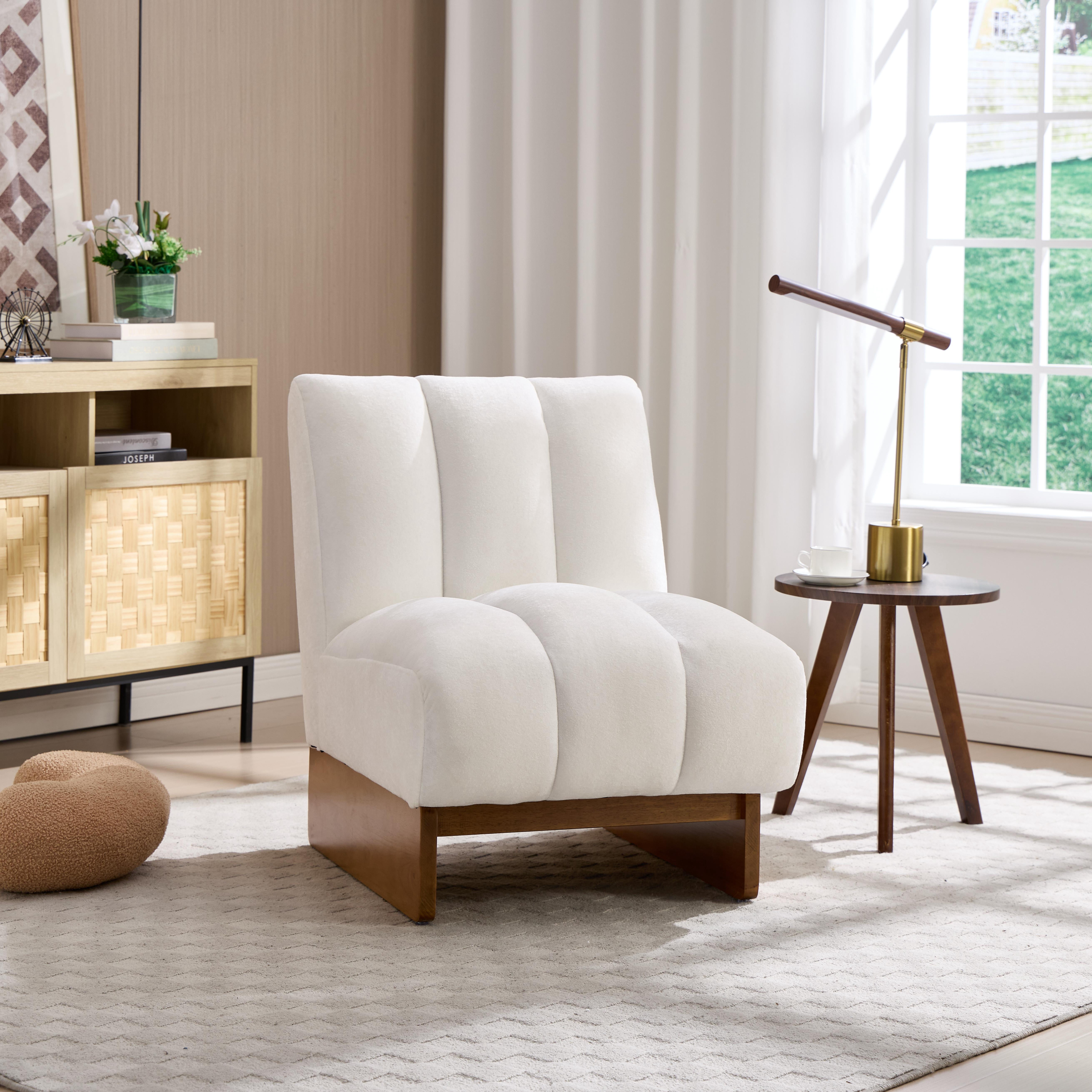 MOONMISS Modern Chenille Fabric Armchair with Wood Legs, Comfy Upholstered Reading Accent Chairs for Living Room,White