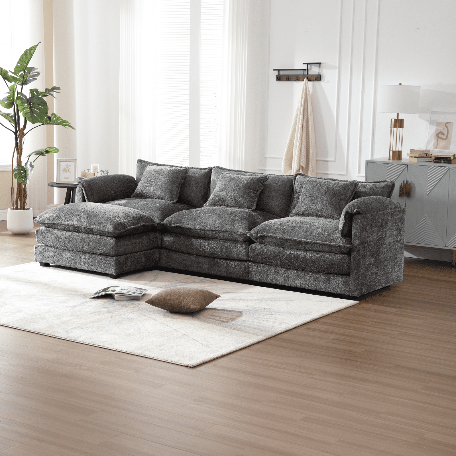 MOONMISS Modern Large Fabric L-Shaped Sofa Chenille Fabric, Movable Pedestal, Removable Armrests, Oversized 11-Seater Sofa