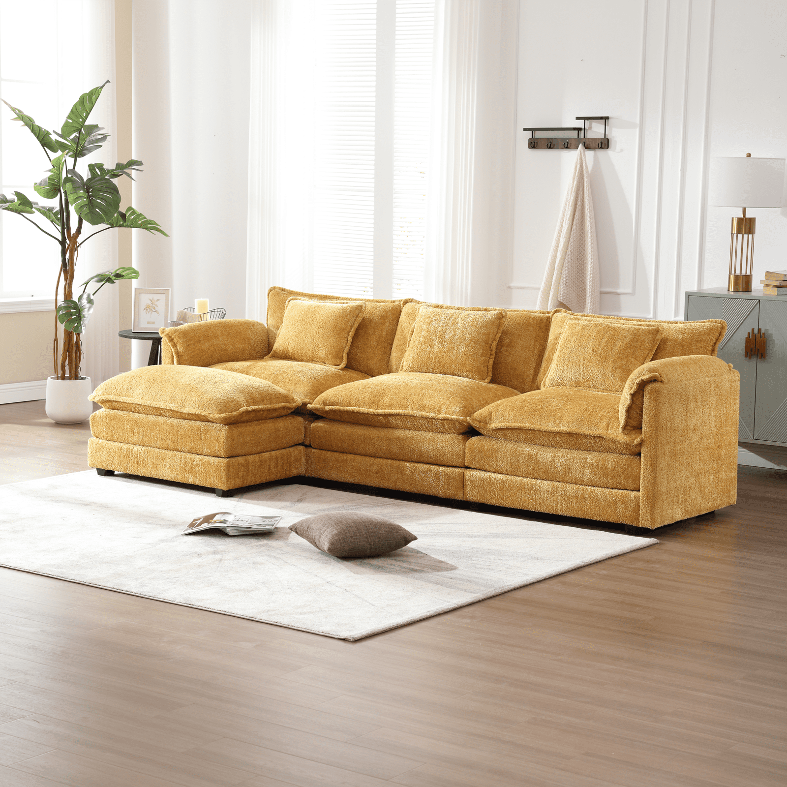 MOONMISS Modern Large Fabric L-Shaped Sofa Chenille Fabric, Movable Pedestal, Removable Armrests, Oversized 7-Seater Sofa