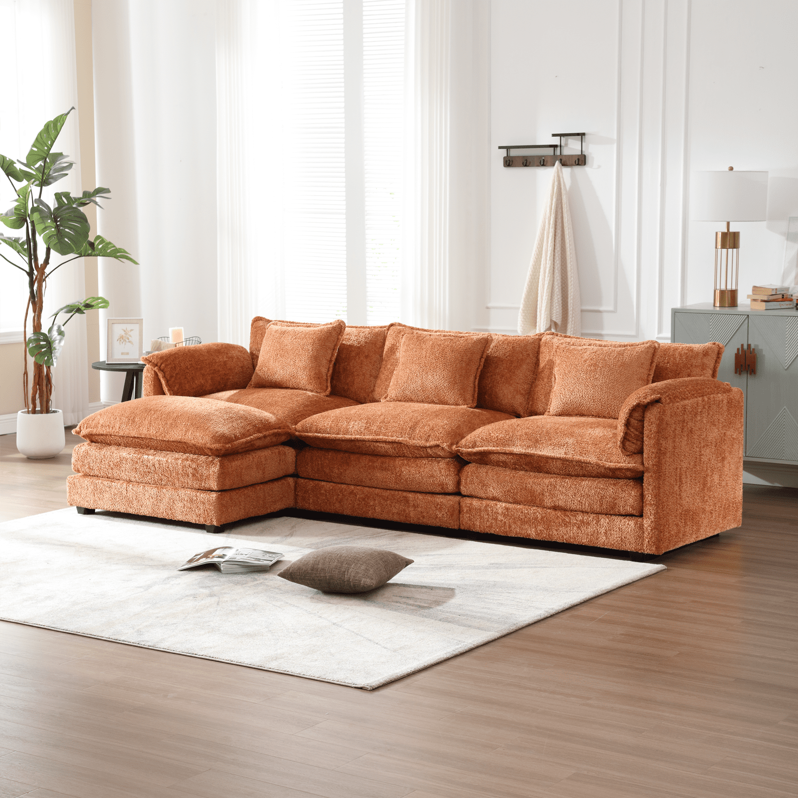 MOONMISS Modern Large Fabric L-Shaped Sofa Chenille Fabric, Movable Pedestal, Removable Armrests, Oversized 9-Seater Sofa