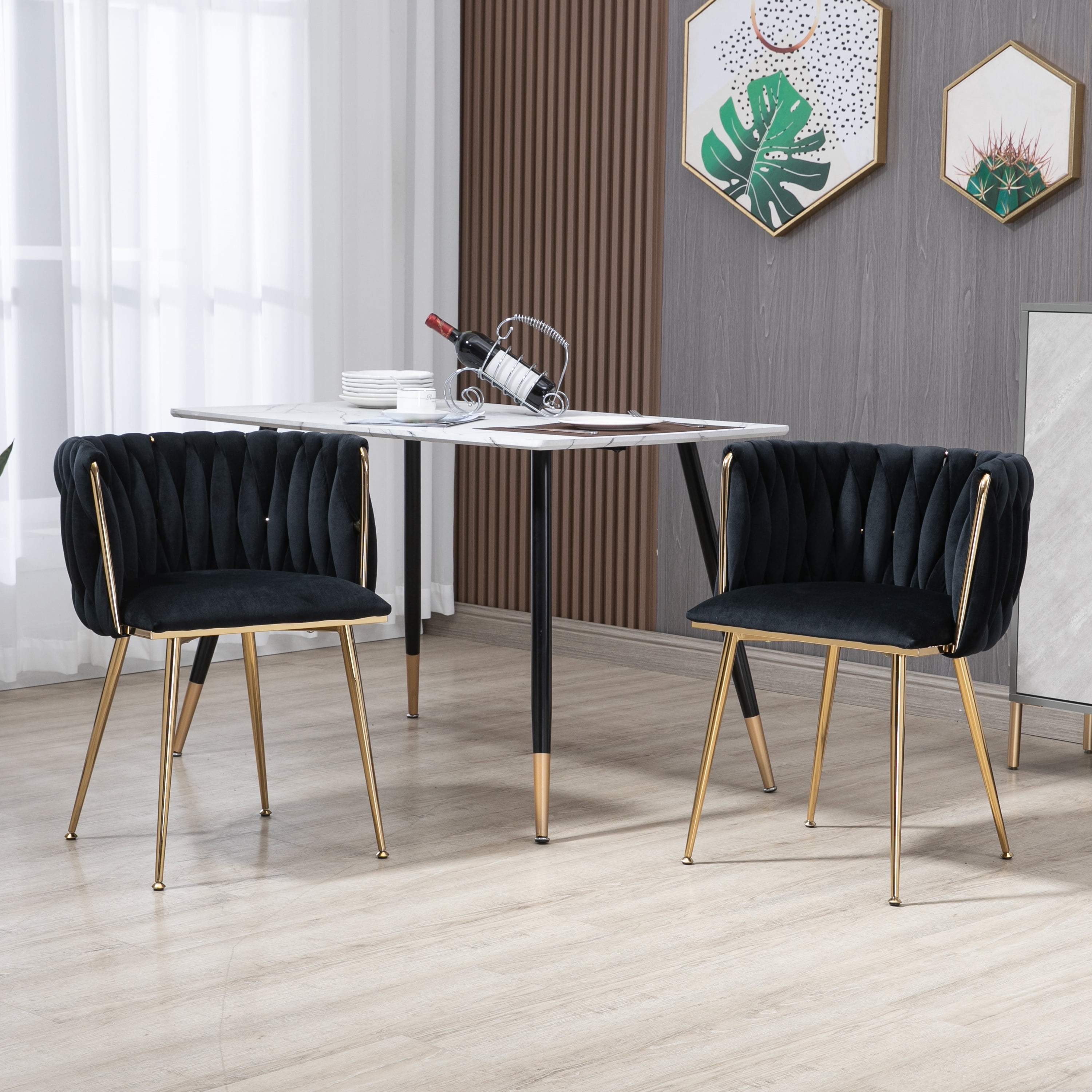 MOONMISS Modern Leisure Dining Chairs, Set of 2, Velvet Upholstered Accent Side Chair, Makeup Vanity Chair, Low-Back Accent Chair with Gold Metal Legs for Living Room Kitchen, Black
