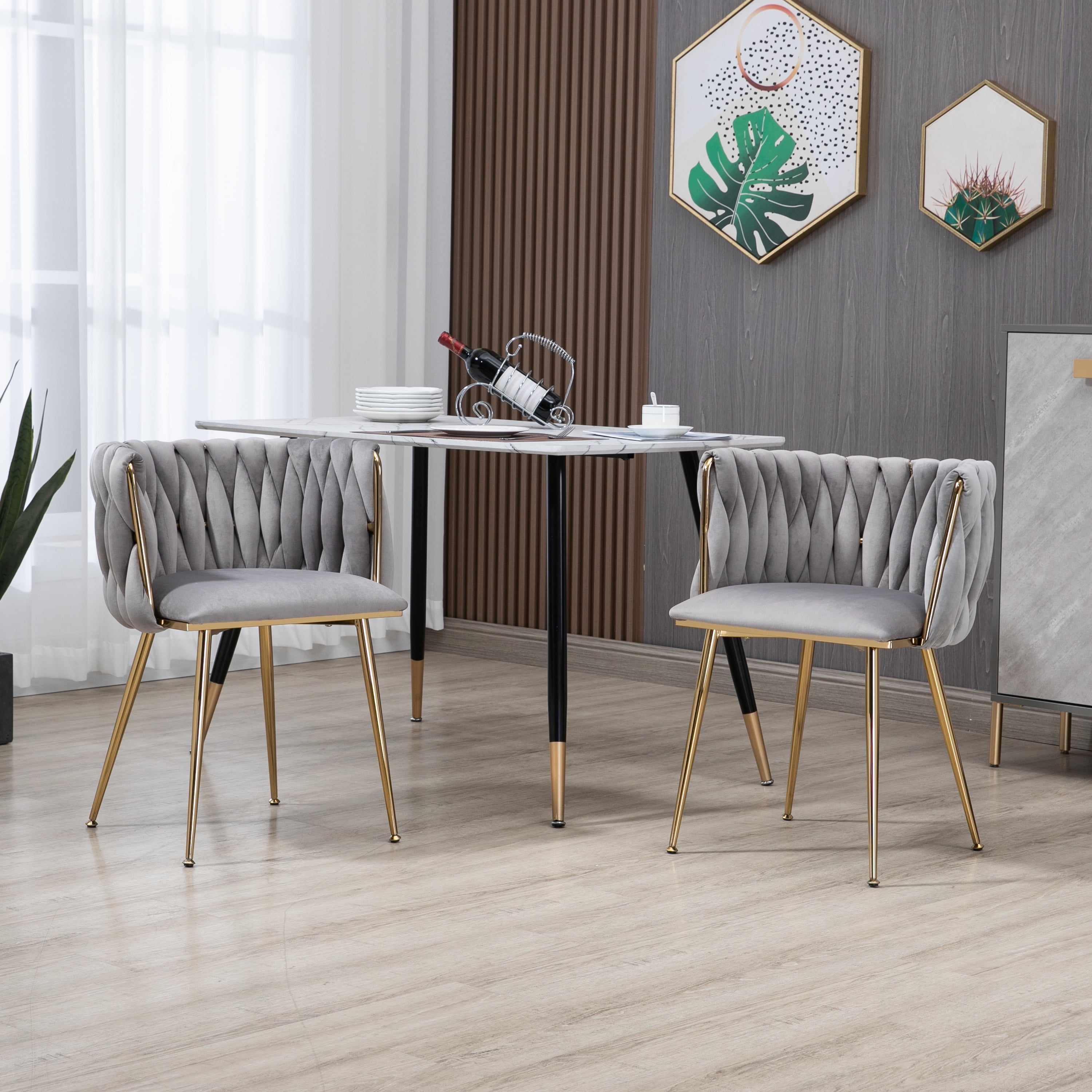 MOONMISS Modern Leisure Dining Chairs, Set of 2, Velvet Upholstered Accent Side Chair, Makeup Vanity Chair, Low-Back Accent Chair with Gold Metal Legs for Living Room Kitchen, Gray