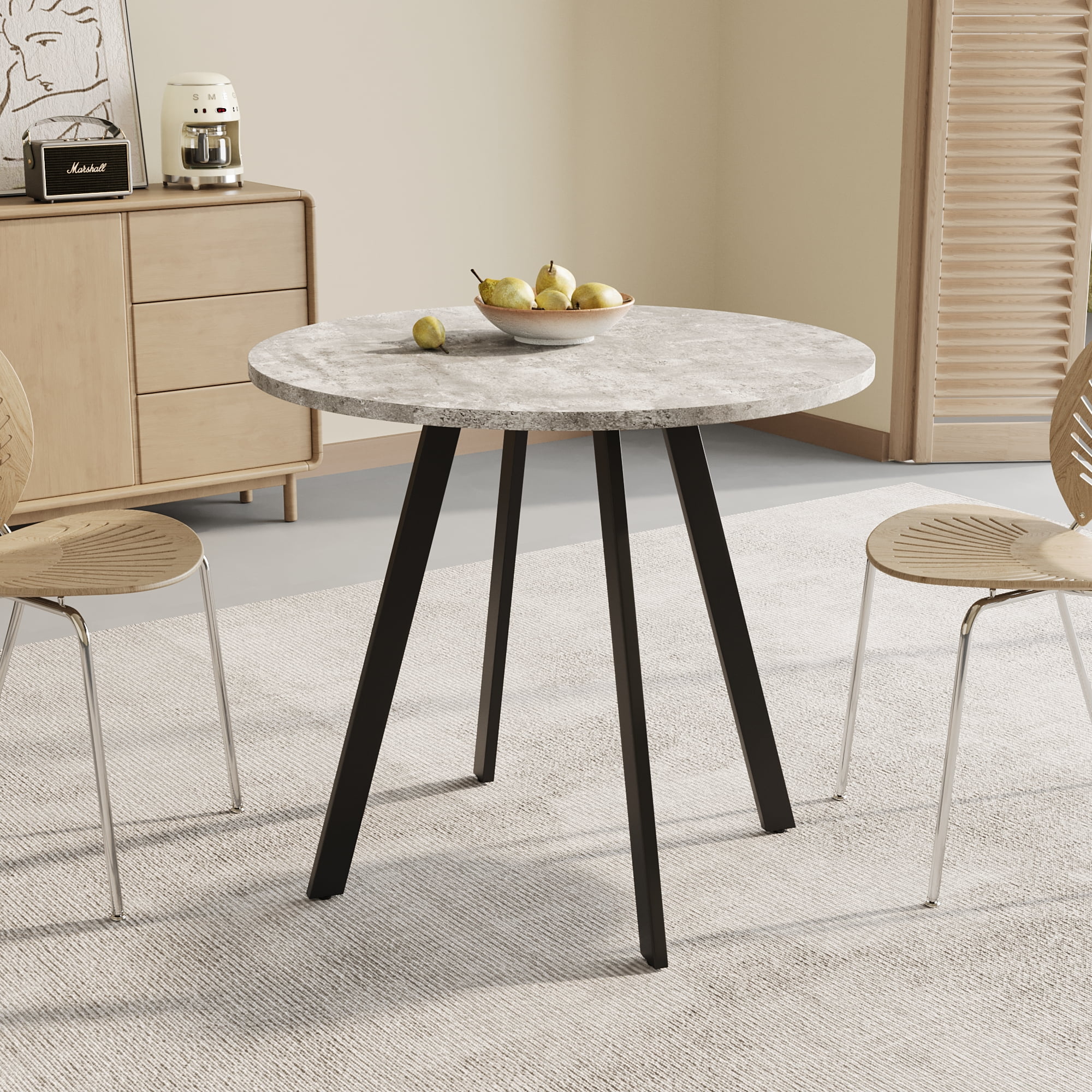 MOONMISS Modern Round Kitchen Dining Table,33.5 Inch Small Space Table with Gray Cement Texture Top,Mid-Century Leisure Coffee Table for Dining Room,Apartment & Office