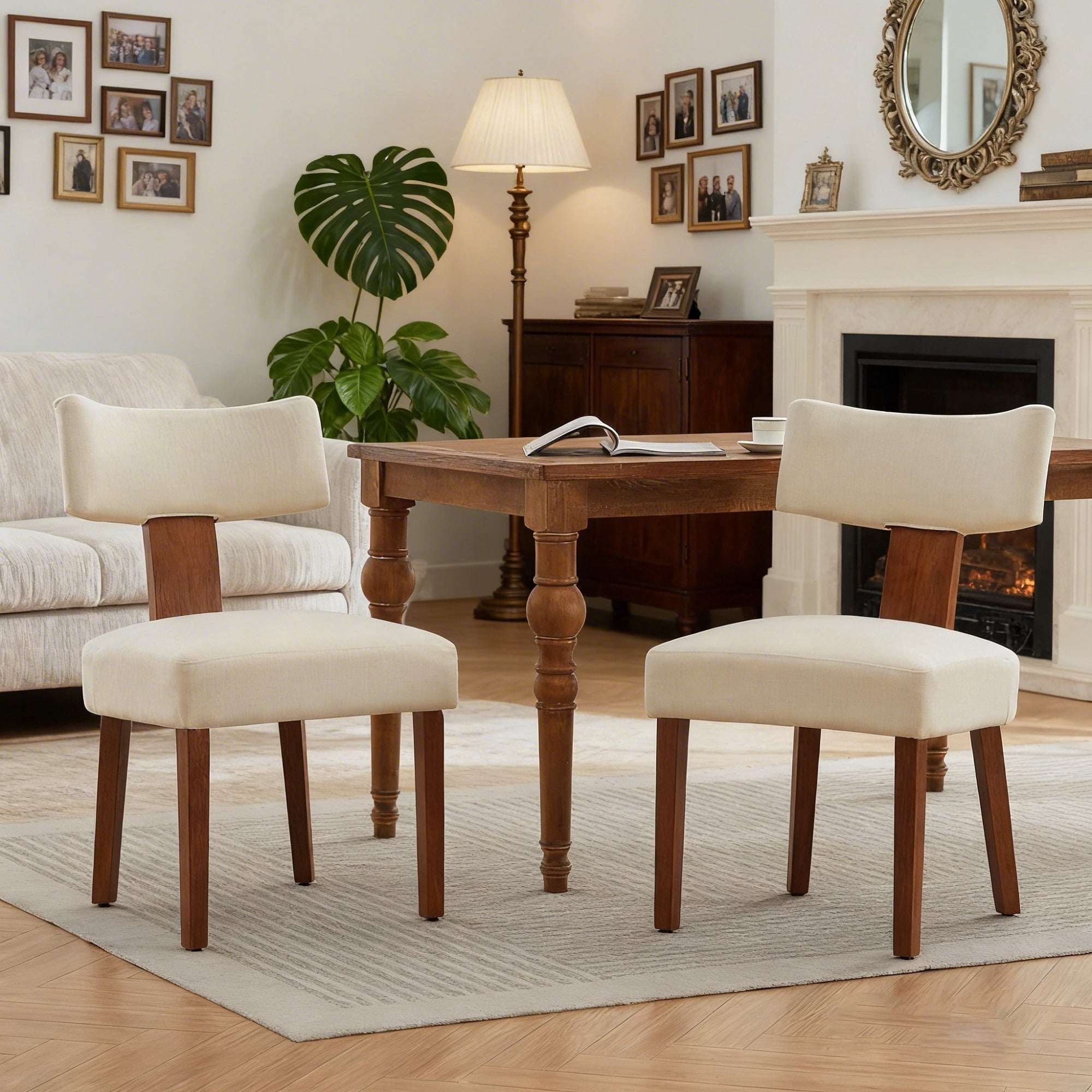MOONMISS Modern Upholstered Dining Chairs Set of 2 With Curved backrest and Solid Wooden Legs,Beige