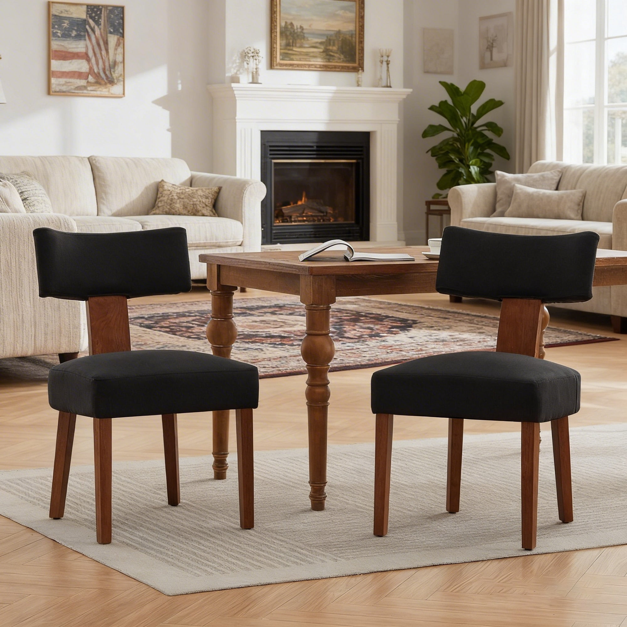 MOONMISS Modern Upholstered Dining Chairs Set of 2 With Curved backrest and Solid Wooden Legs,Black