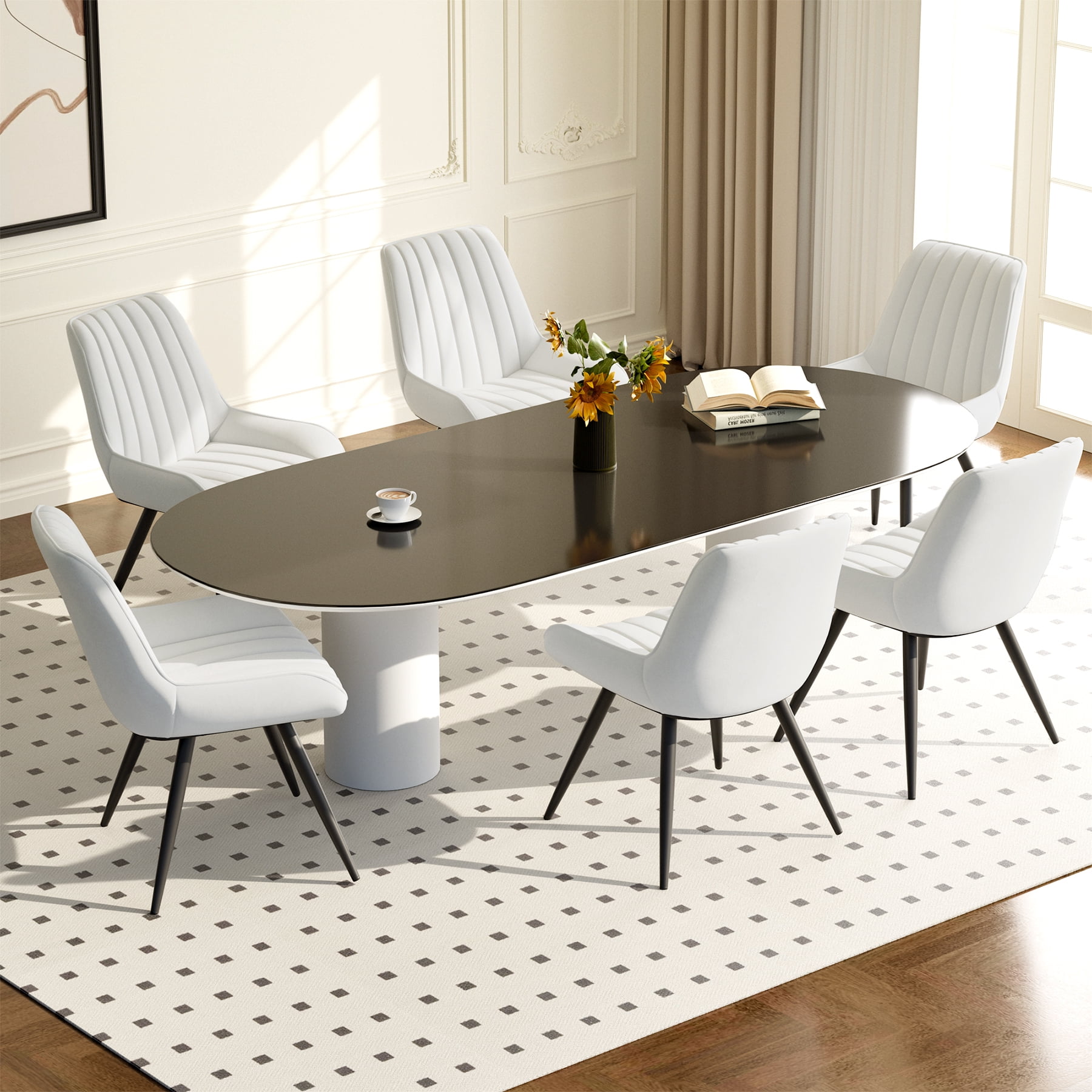 MOONMISS Modern Upholstered Dining Chairs Set of 6 with Thick Cushion,Sturdy Metal Legs,Side Chair for Kitchen,Living Room,White