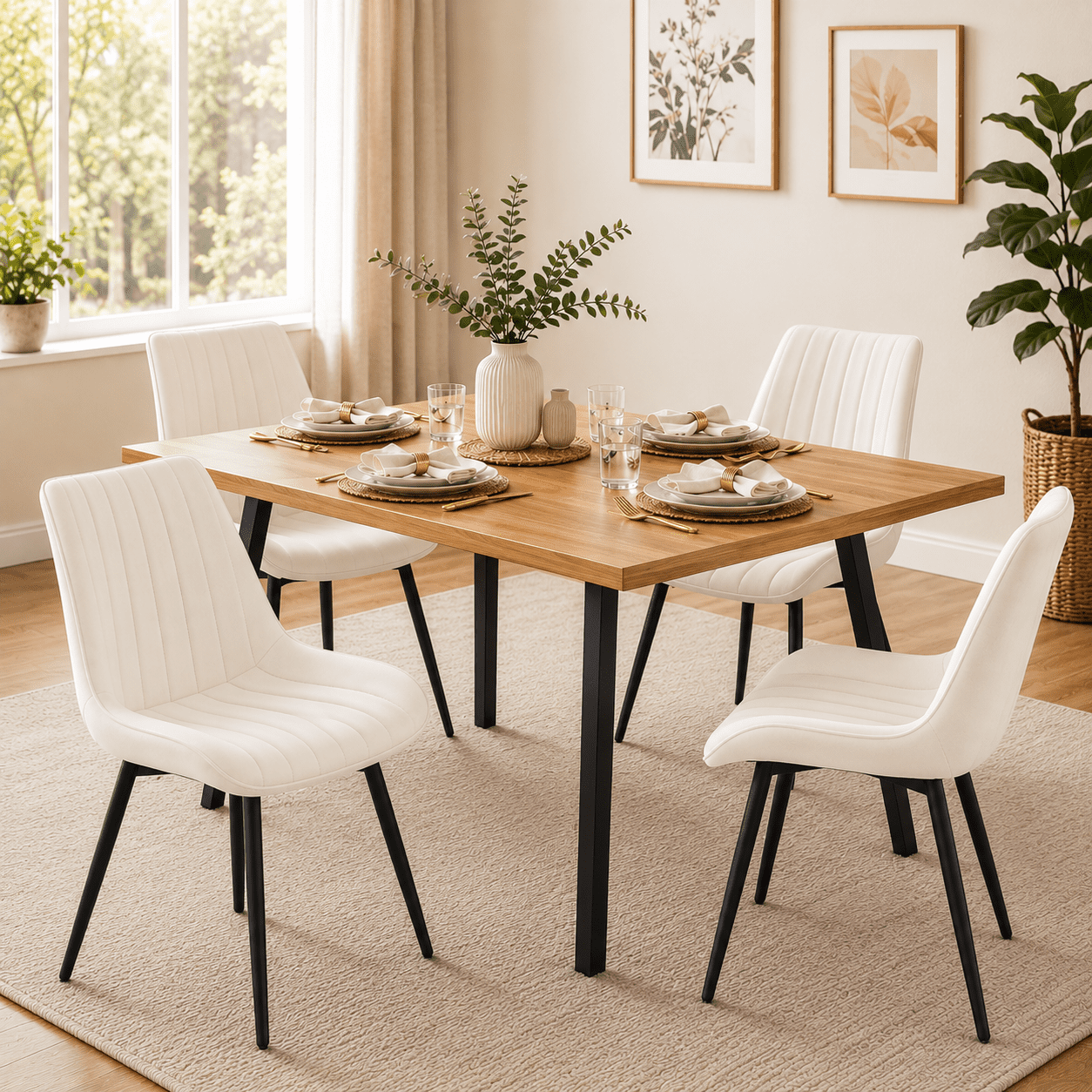 MOONMISS Modern Upholstered Dining Chairs Set of 4 with Thick Cushion,Sturdy Metal Legs,Side Chairs for Kitchen,Living Room,White