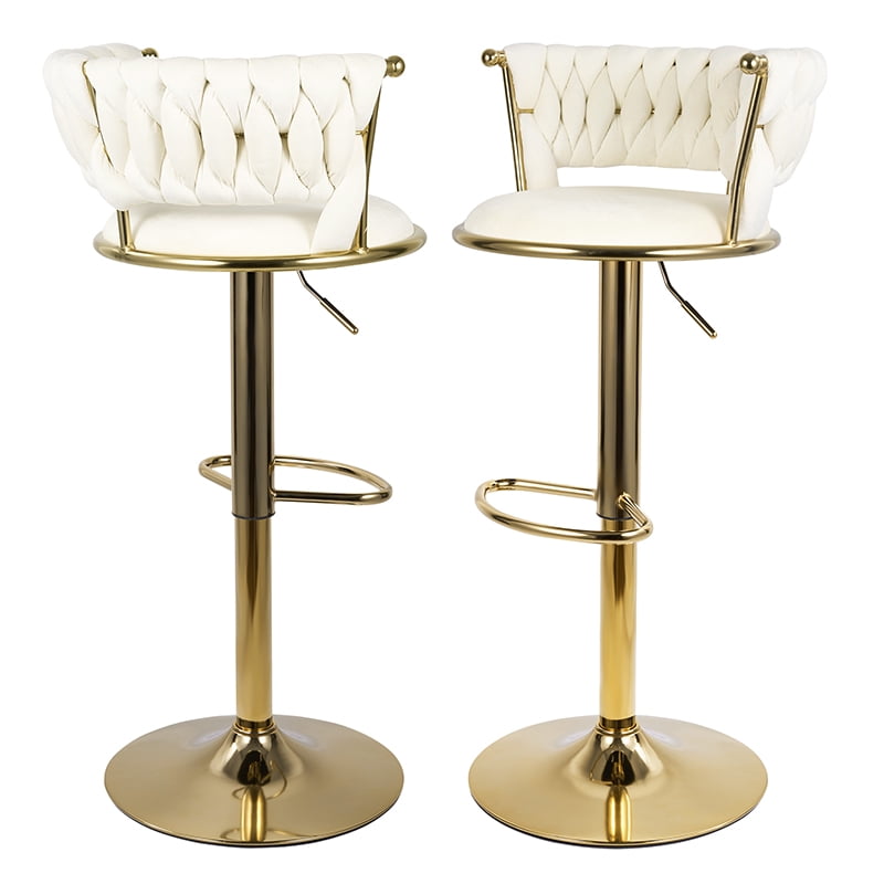 MOONMISS Modern Velvet Bar Stool Set of 2 with Woven Back and Footrest for Kitchen, Bar, and Dining Spaces,Beige