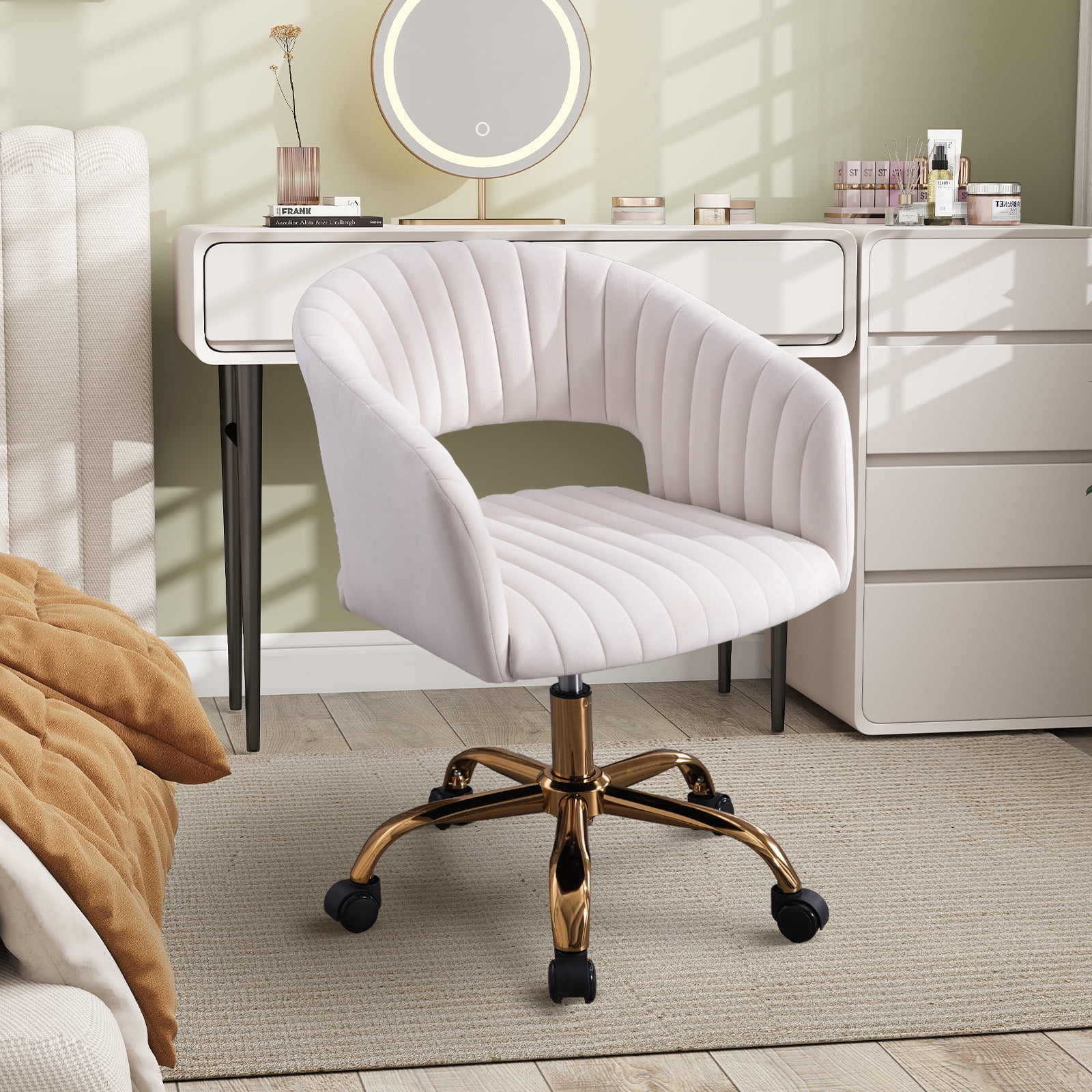 MOONMISS Modern Velvet Office Chair with Gold Base,Adjustable Swivel Desk Chair with Wheels,Low Back Rolling Vanity Chair,Ivory