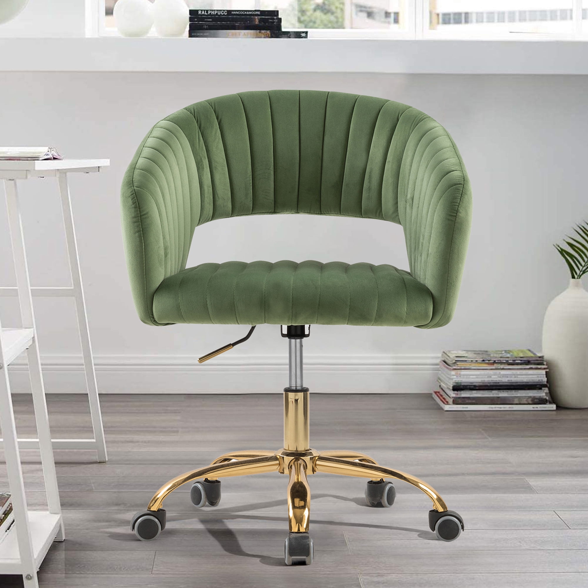 MOONMISS Modern Velvet Office Chair with Gold Base,Adjustable Swivel Desk Chair with Wheels,Low Back Rolling Vanity Chair,Olive Green