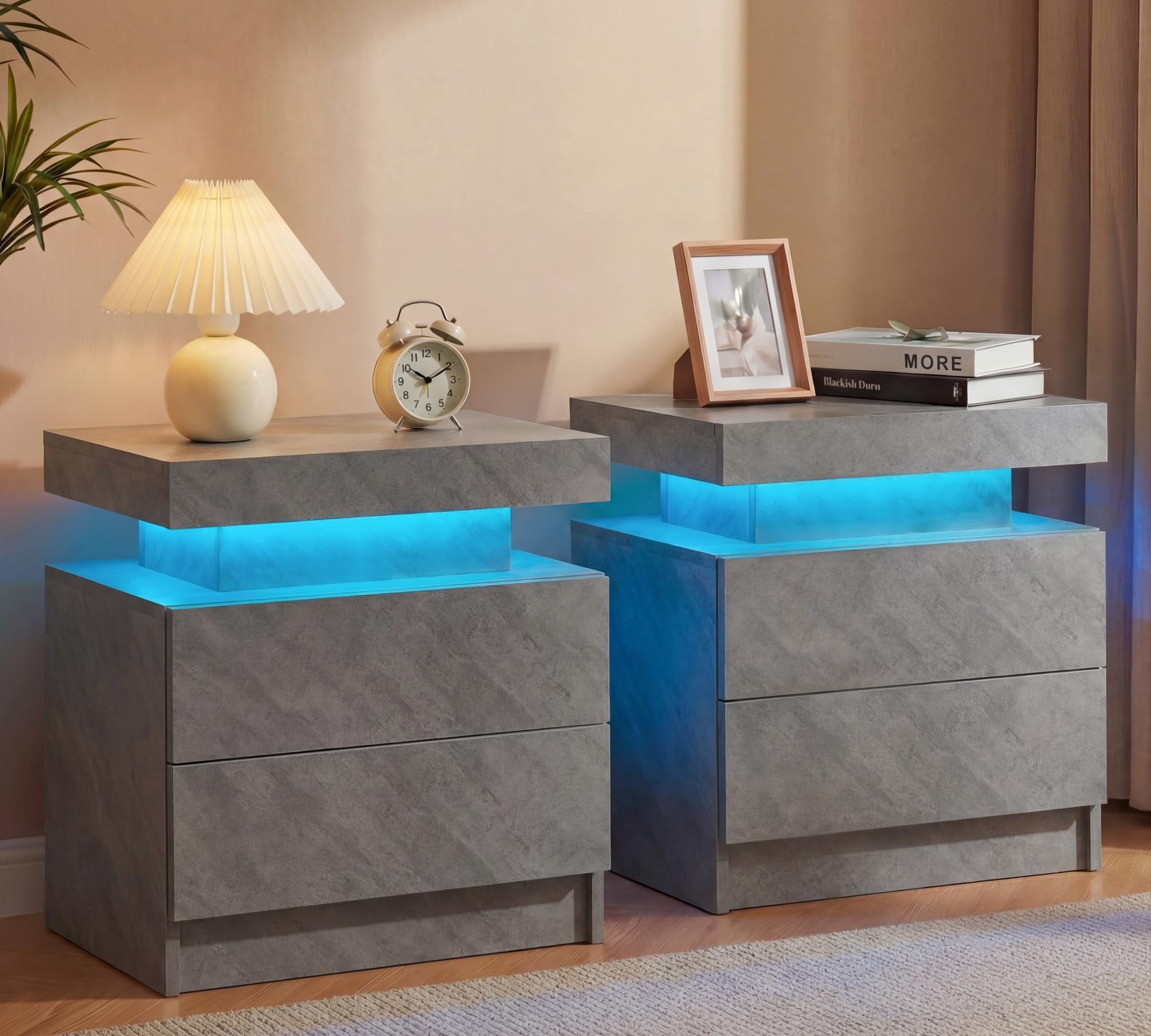 MOONMISS Nightstands Set of 2 Modern LED Bedside Table Cabinet with Lights 2 Drawers for Bedroom,Gray