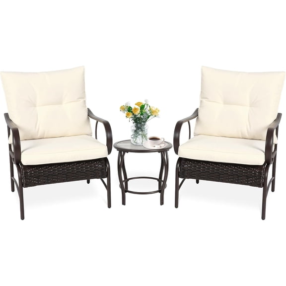 MOONMISS Outdoor 3-Piece Rattan Modern Accent Chair (set of 2) With with Coffee Table-White