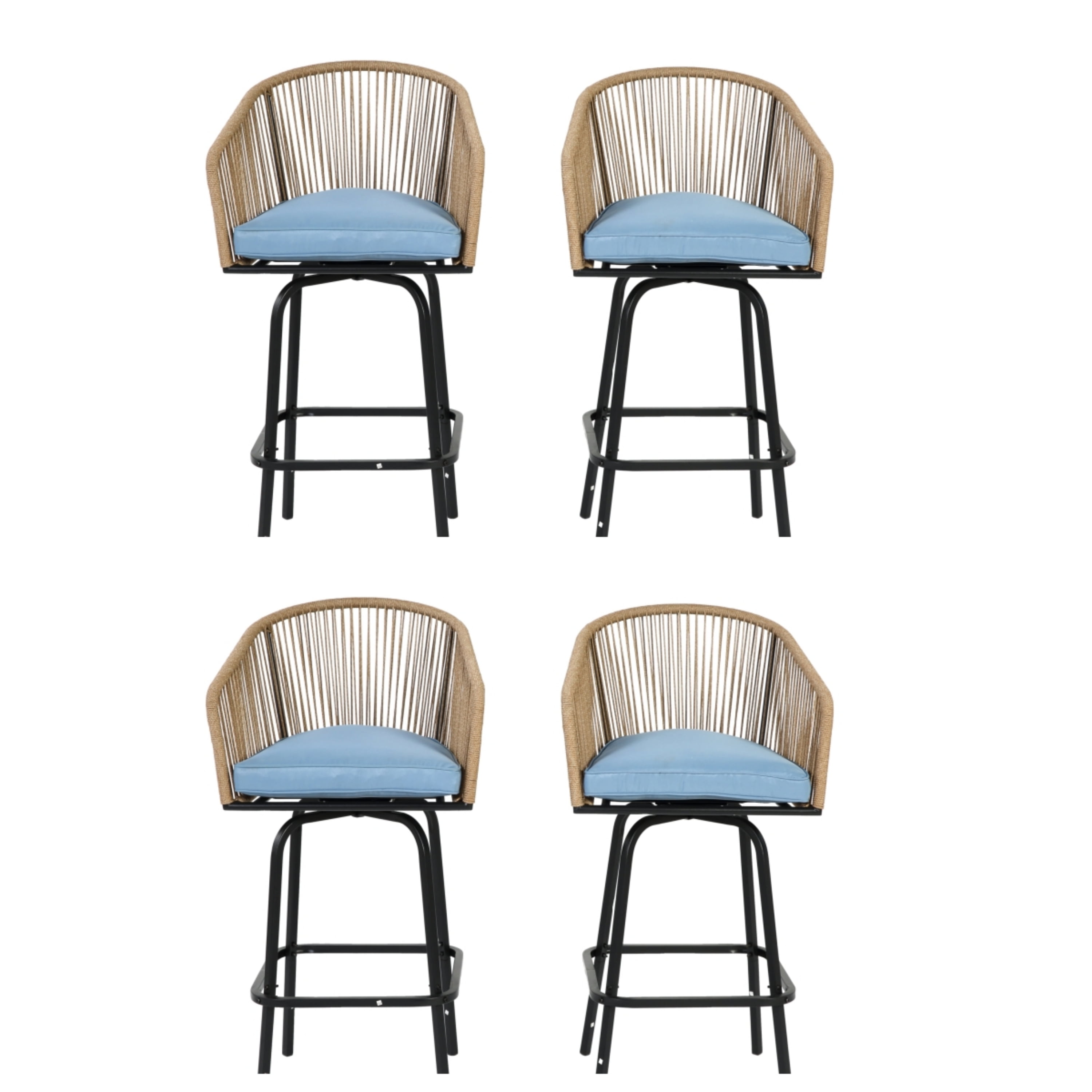 MOONMISS Outdoor Patio 360°Swivel All Weather Rattan Bar Stools(set of 4) with Backrest-Blue