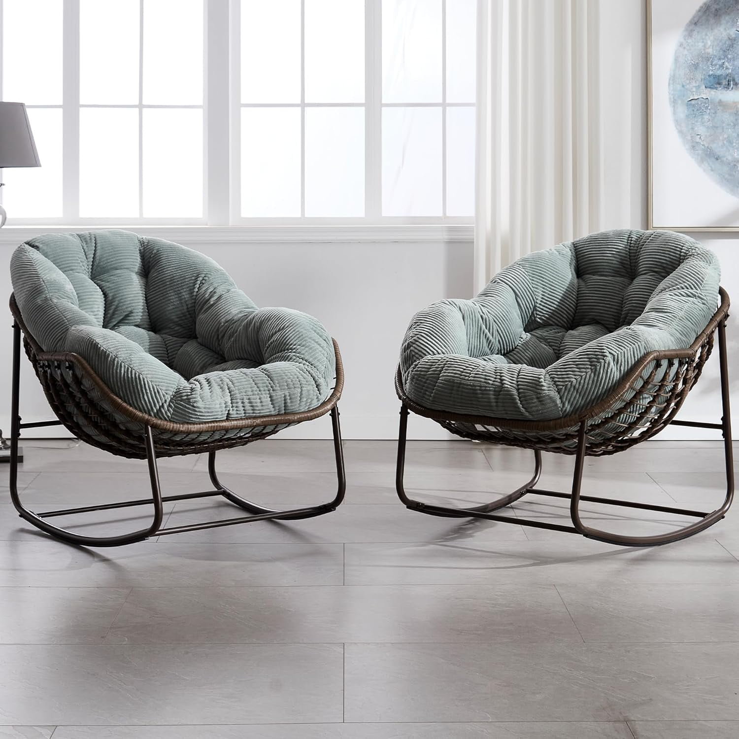 MOONMISS Outdoor Patio Rattan Oversized Rocking Chairs Set of 2 with Corduroy Padded Cushion-Mint Green