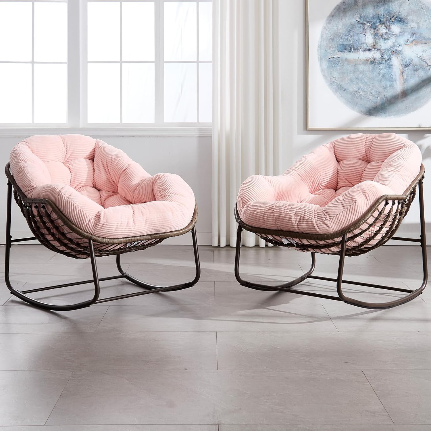 MOONMISS Outdoor Patio Rattan Oversized Rocking Chairs Set of 2 with Corduroy Padded Cushion-Pink