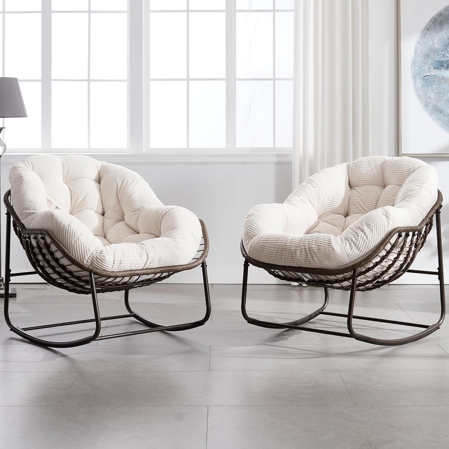 MOONMISS Outdoor Patio Rattan Oversized Rocking Chairs Set of 2 with Corduroy Padded Cushion-White