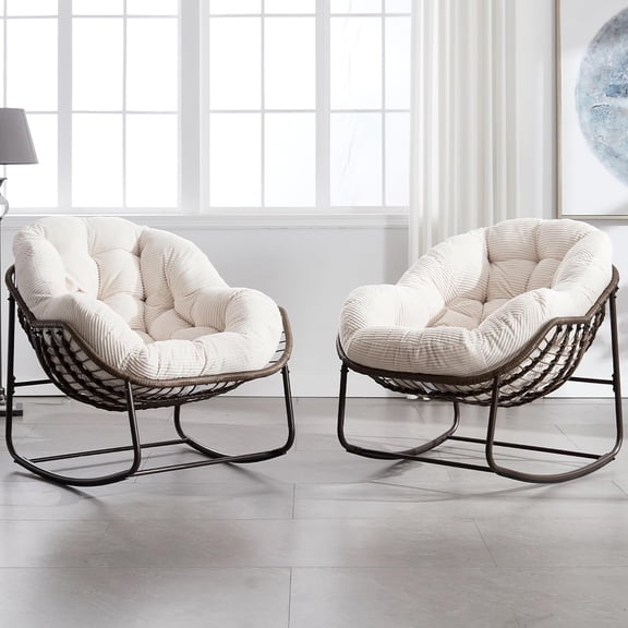 MOONMISS Outdoor Patio Rattan Oversized Rocking Chairs Set of 2 with Corduroy Padded Cushion-White
