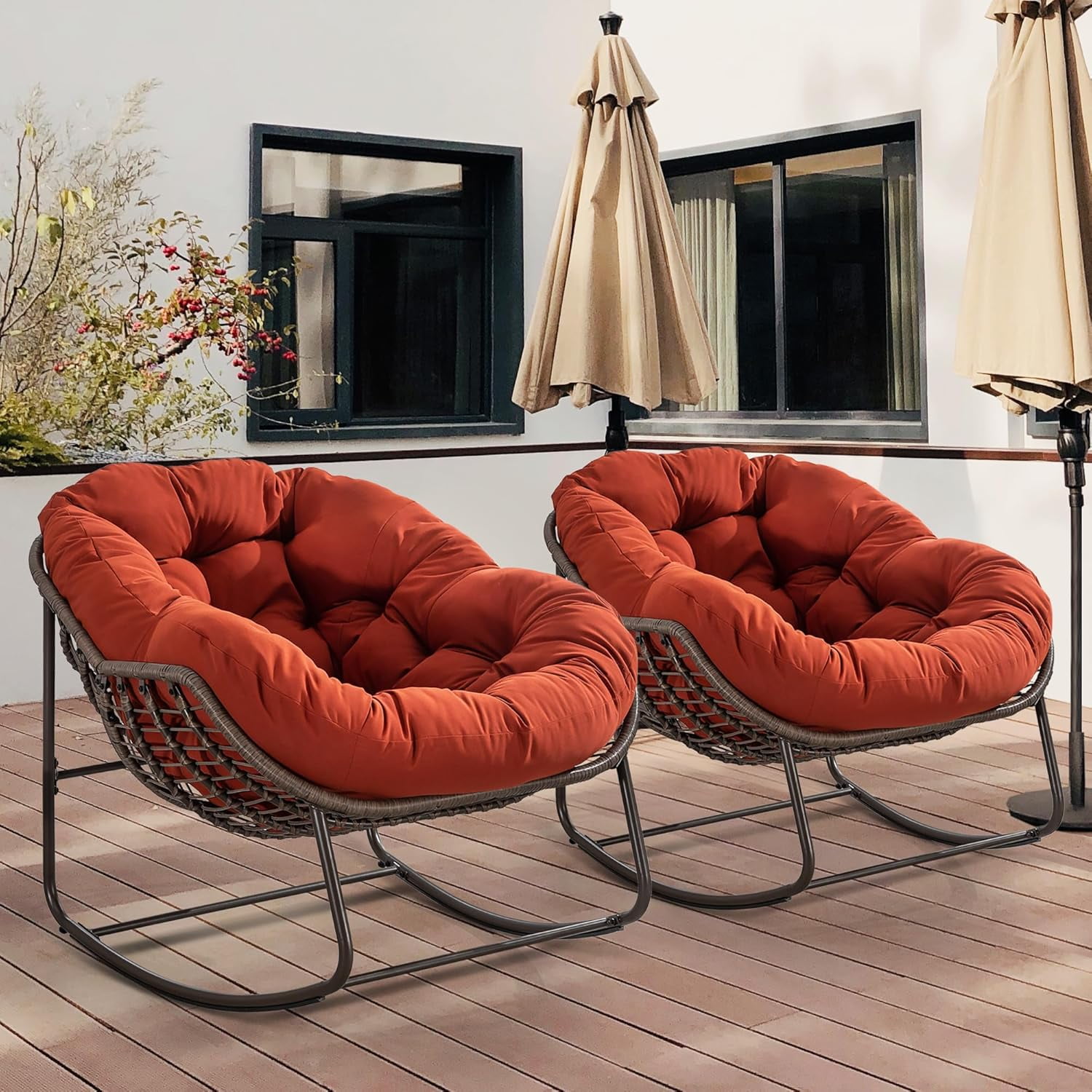 MOONMISS Outdoor Patio Rattan Oversized Rocking Chairs Set of 2 with ...