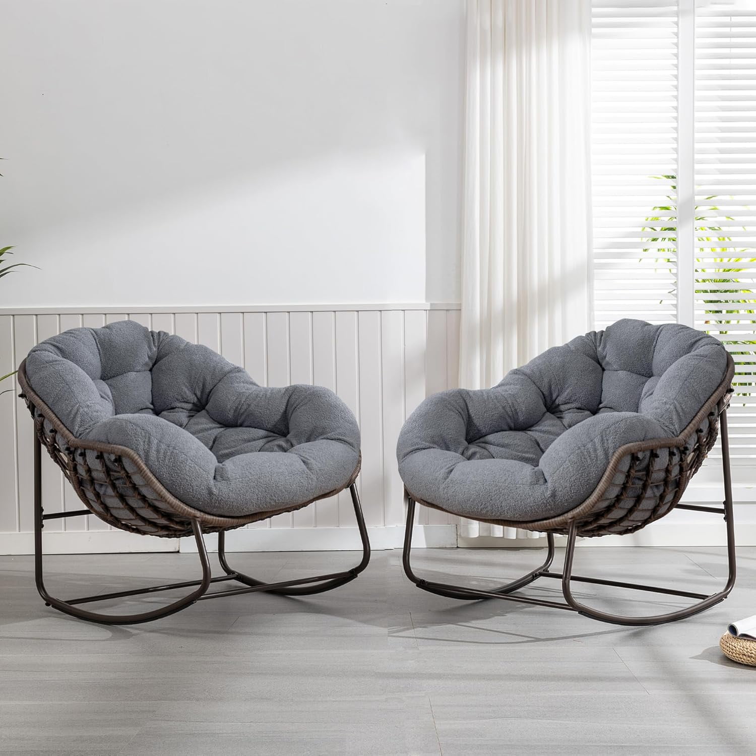 MOONMISS Outdoor Patio Rattan Oversized Rocking Chairs Set of 2 with Teddy Padded Cushion-Gray