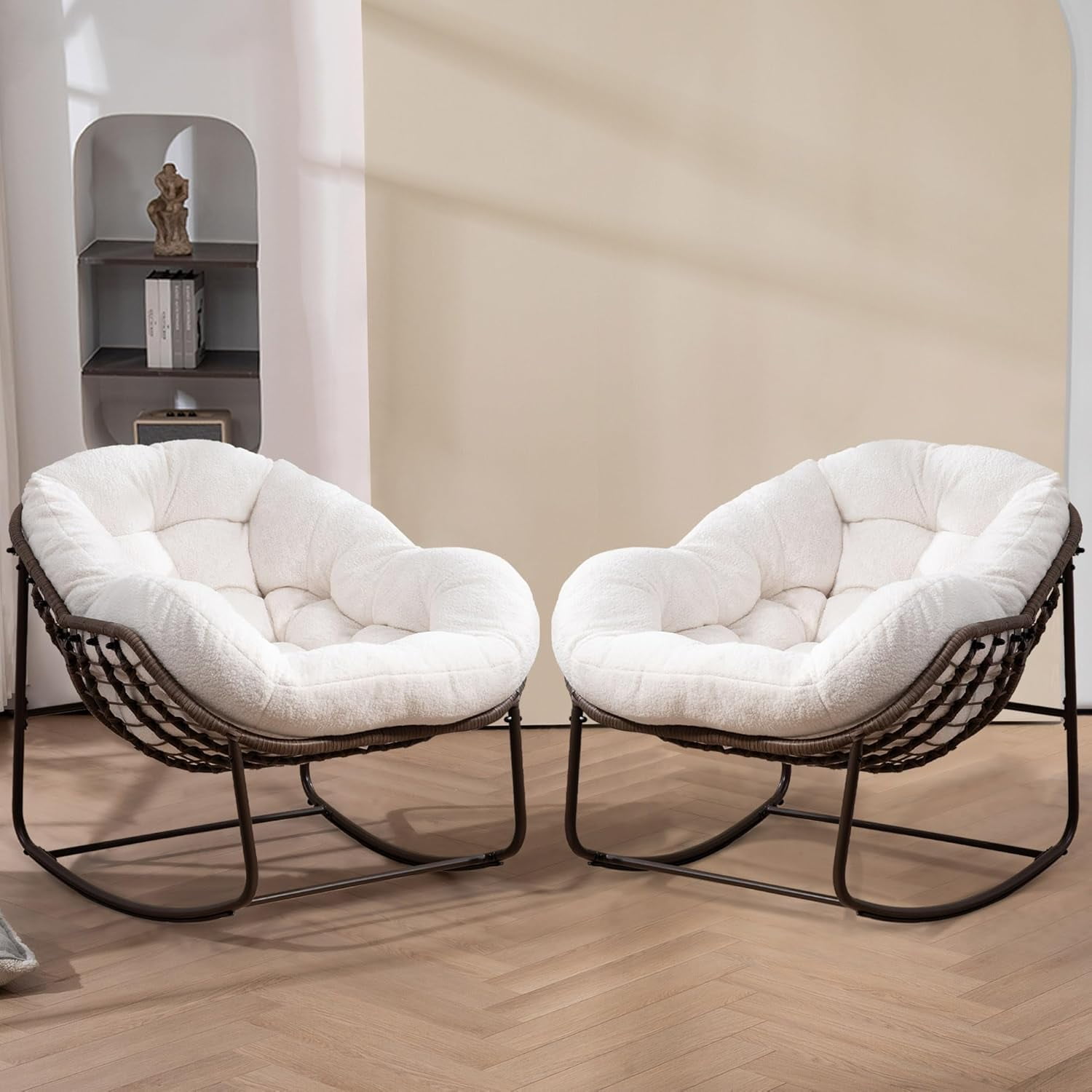 MOONMISS Outdoor Patio Rattan Oversized Rocking Chairs Set of 2 with Teddy Padded Cushion-White