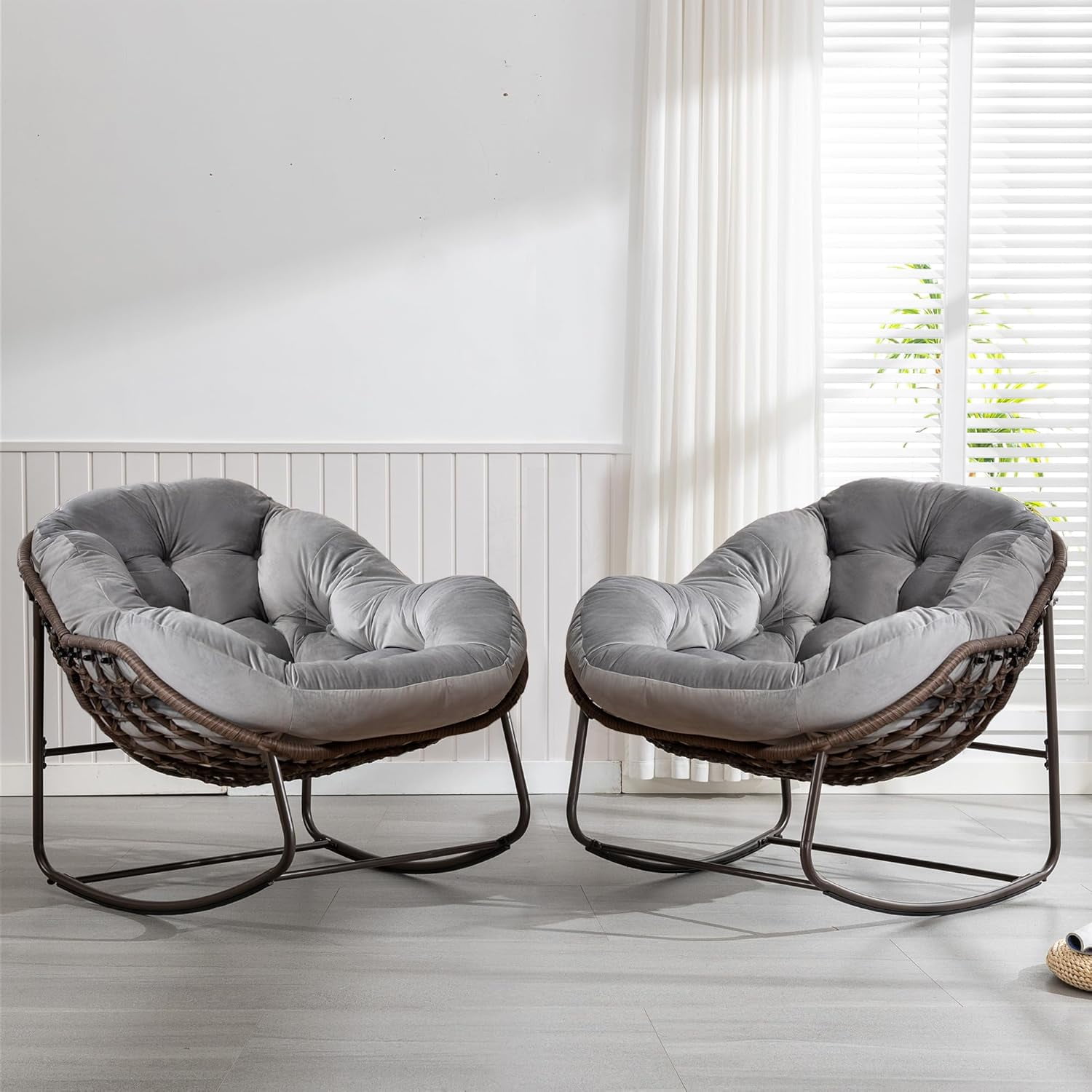 MOONMISS Outdoor Patio Rattan Oversized Rocking Chairs Set of 2 with Velvet Padded Cushion-Light Gray