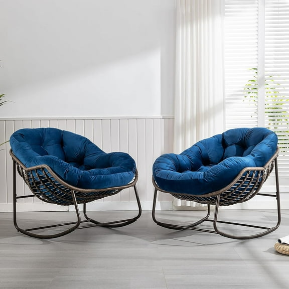 MOONMISS Outdoor Patio Rattan Oversized Rocking Chairs Set of 2 with Velvet Padded Cushion-Navy Blue