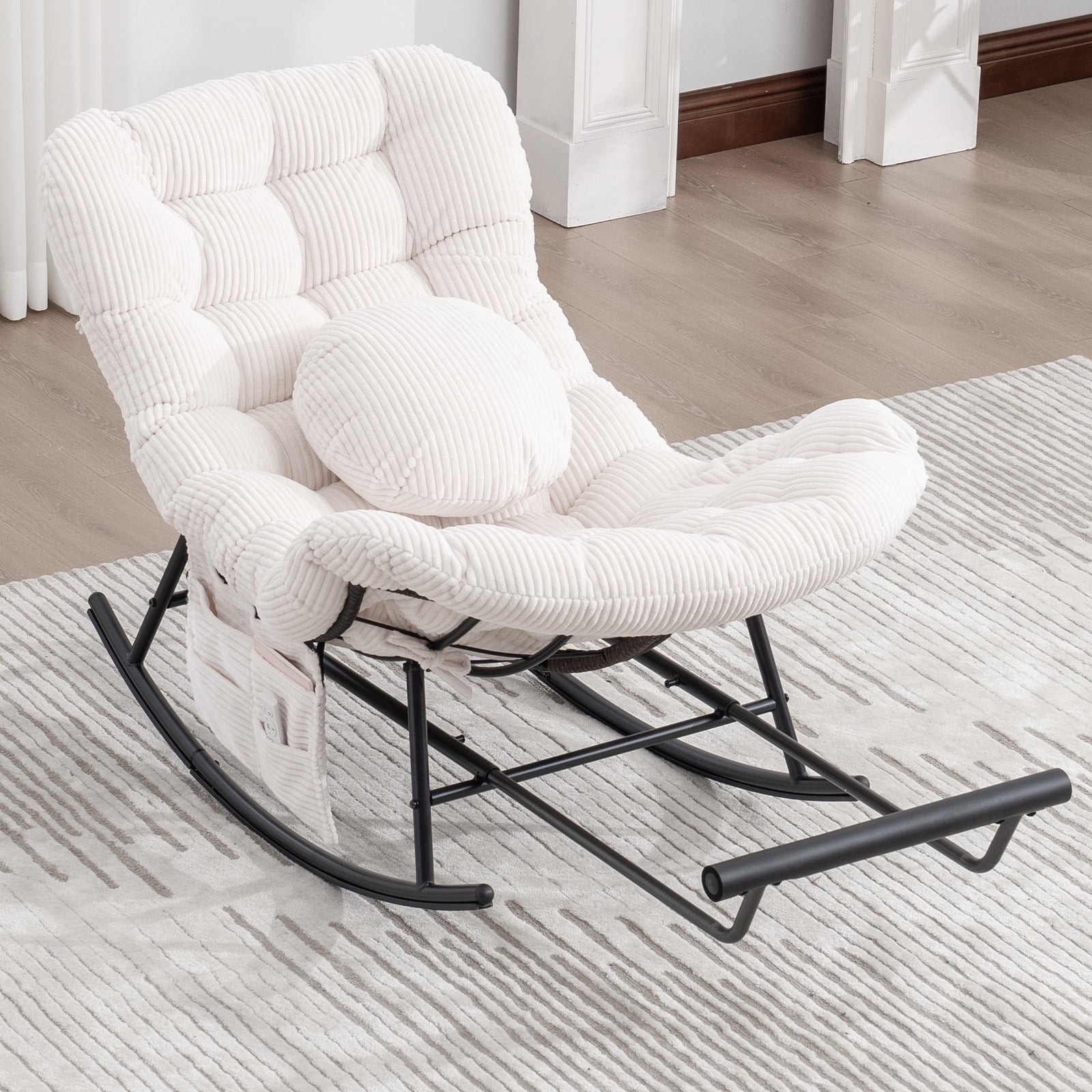 MOONMISS Outdoor Rocking Chair with Footrest, Indoor Oversized Comfort Reading Chair Cover with Cushion, Patio Rocking Chair Lounger,Beige