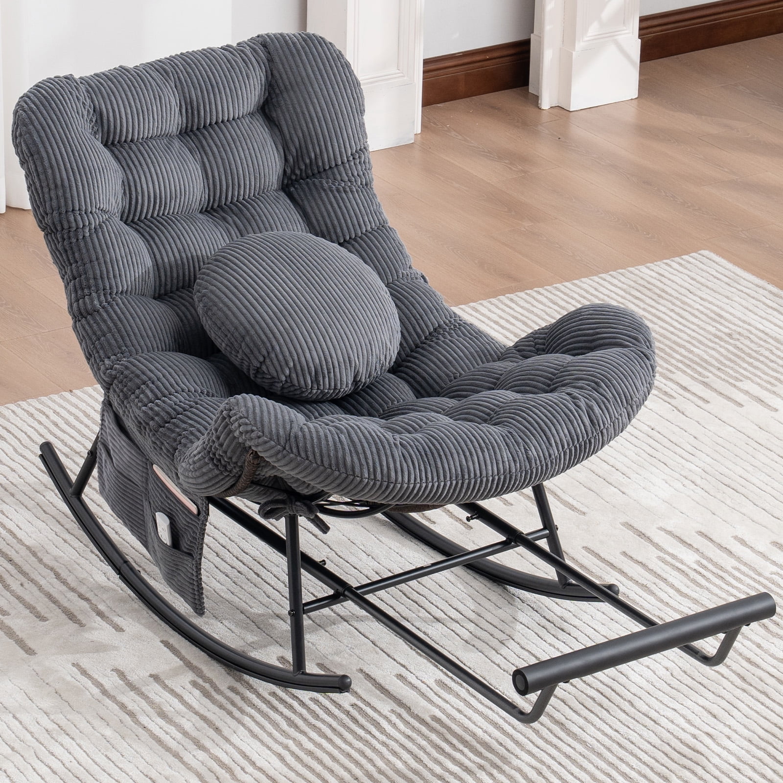 MOONMISS Outdoor Rocking Chair with Footrest, Indoor Oversized Comfort Reading Chair Cover with Cushion, Patio Rocking Chair Lounger, Dark Gray