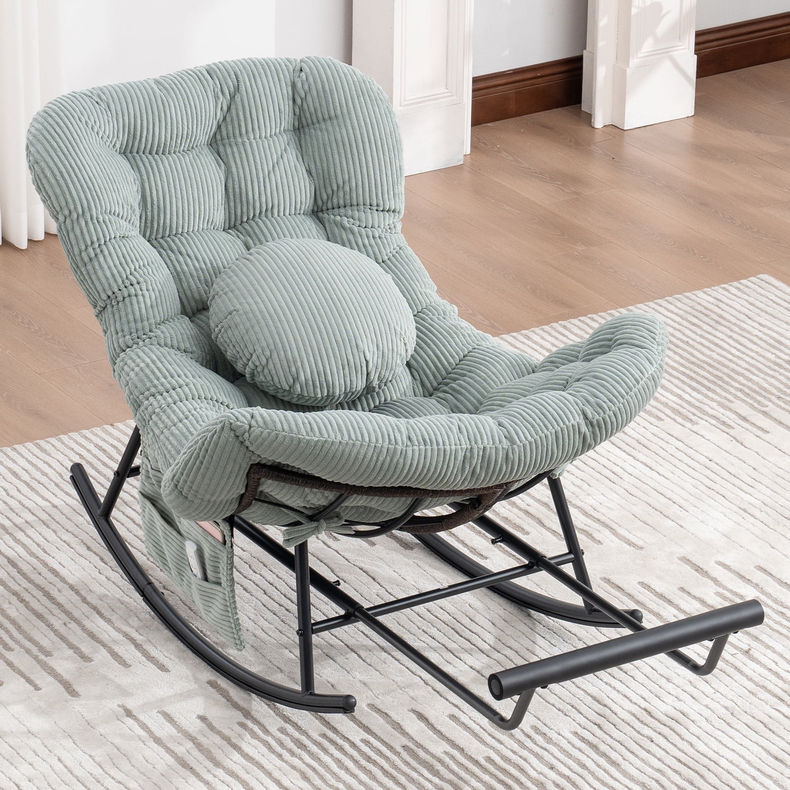 MOONMISS Outdoor Rocking Chair with Footrest, Indoor Oversized Comfort Reading Chair Cover with Cushion, Patio Rocking Chair Lounger, Mint Green