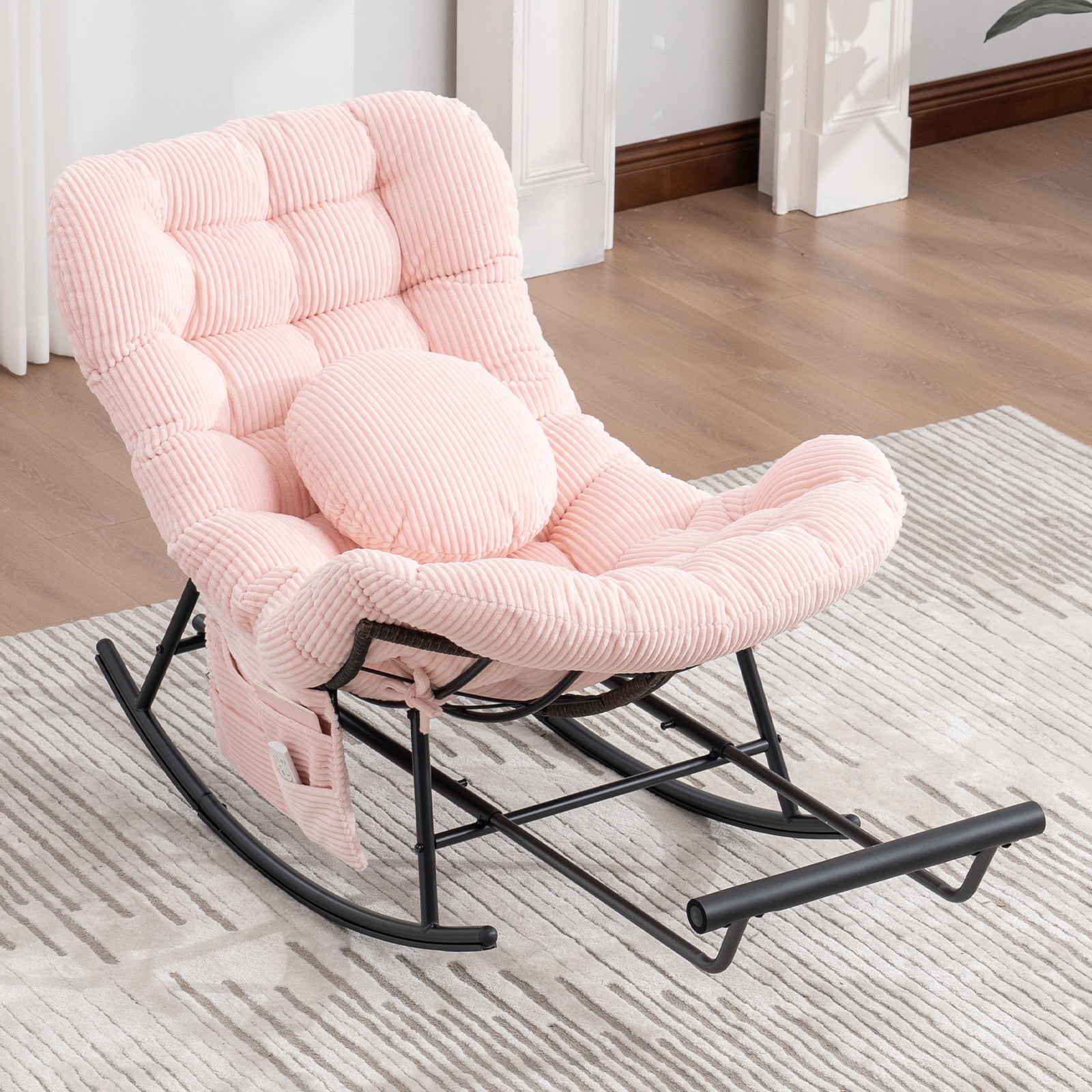 MOONMISS Outdoor Rocking Chair with Footrest, Indoor Oversized Comfort Reading Chair Cover with Cushion, Patio Rocking Chair Lounger,Pink