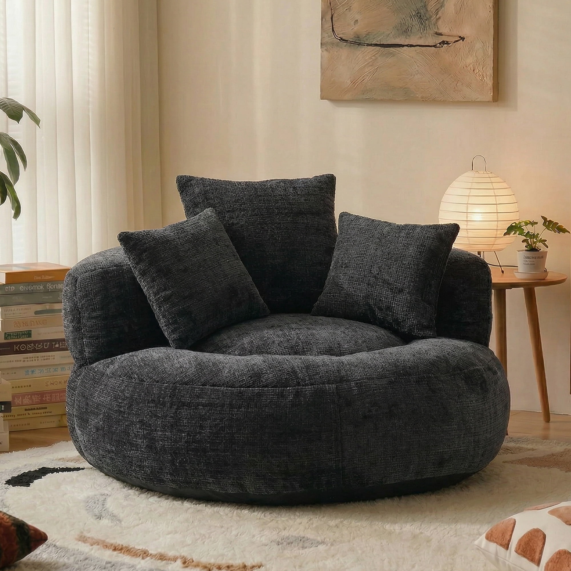 MOONMISS Oversized Bean Bag Chair, Chenille Lazy Bean Bag Sofa with Wrap-Around Backrest & Pillows for Living Room,Black