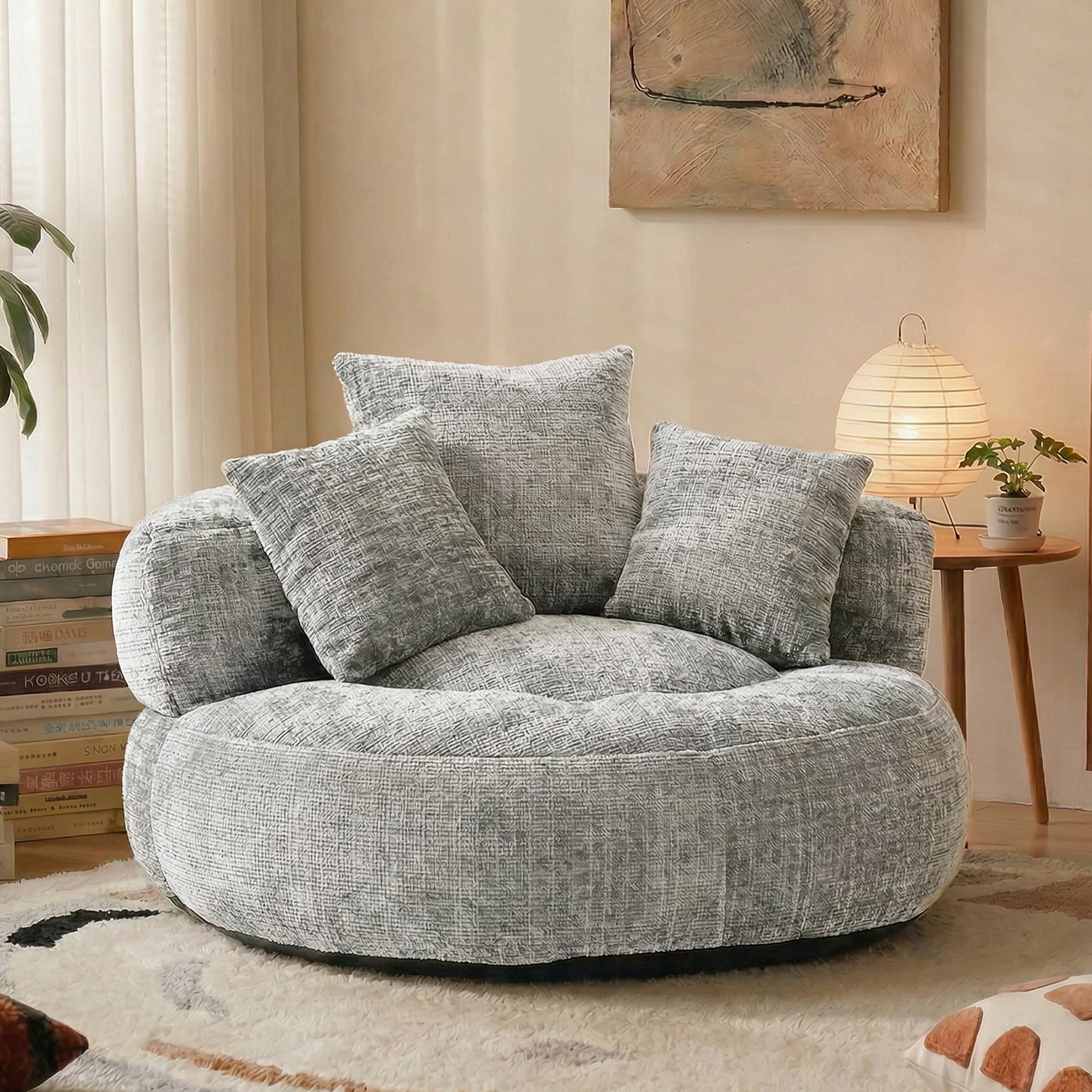MOONMISS Oversized Bean Bag Chair, Chenille Lazy Bean Bag Sofa with Wrap-Around Backrest & Pillows for Living Room,Light Gray