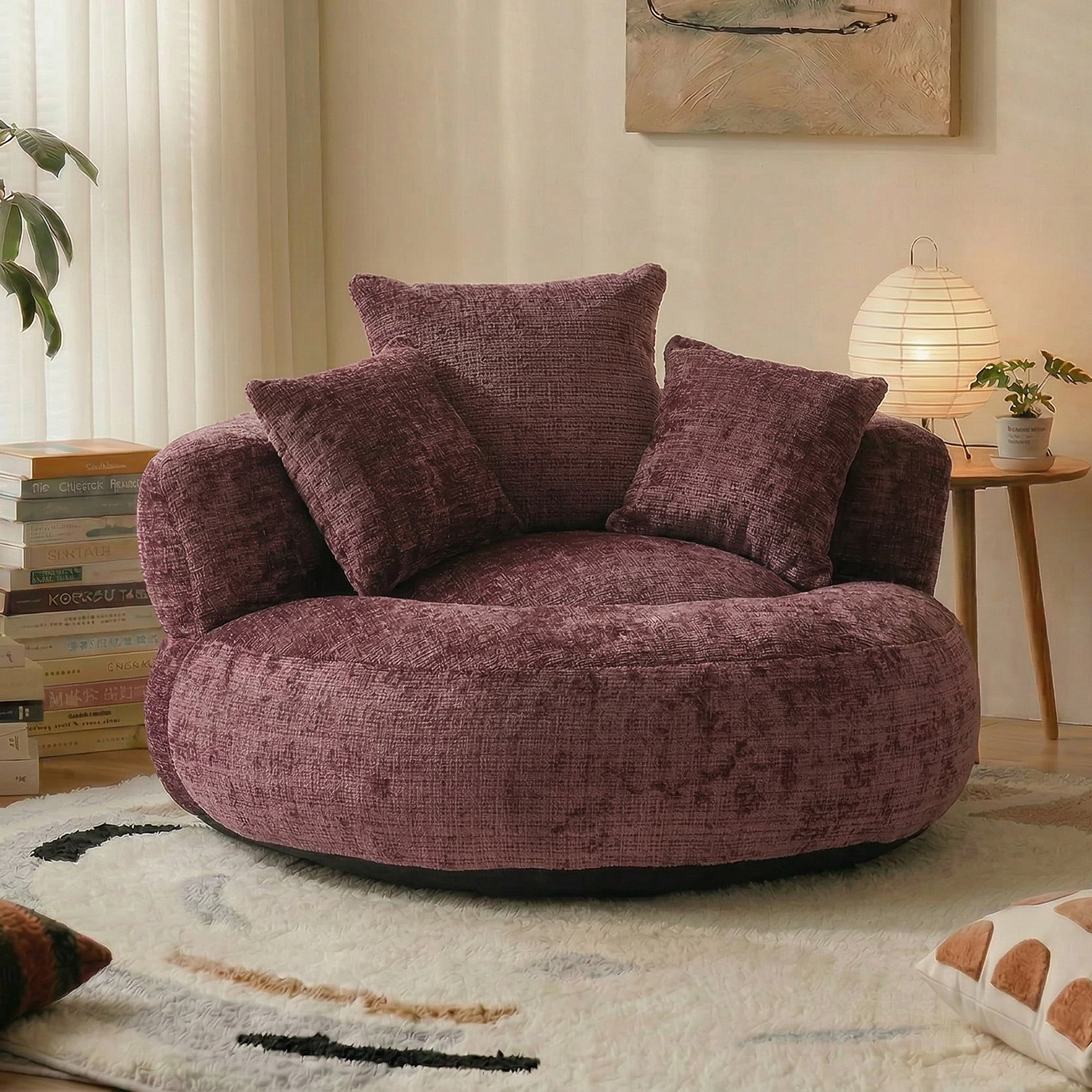 MOONMISS Oversized Bean Bag Chair, Chenille Lazy Bean Bag Sofa with Wrap-Around Backrest & Pillows for Living Room,Wine Red