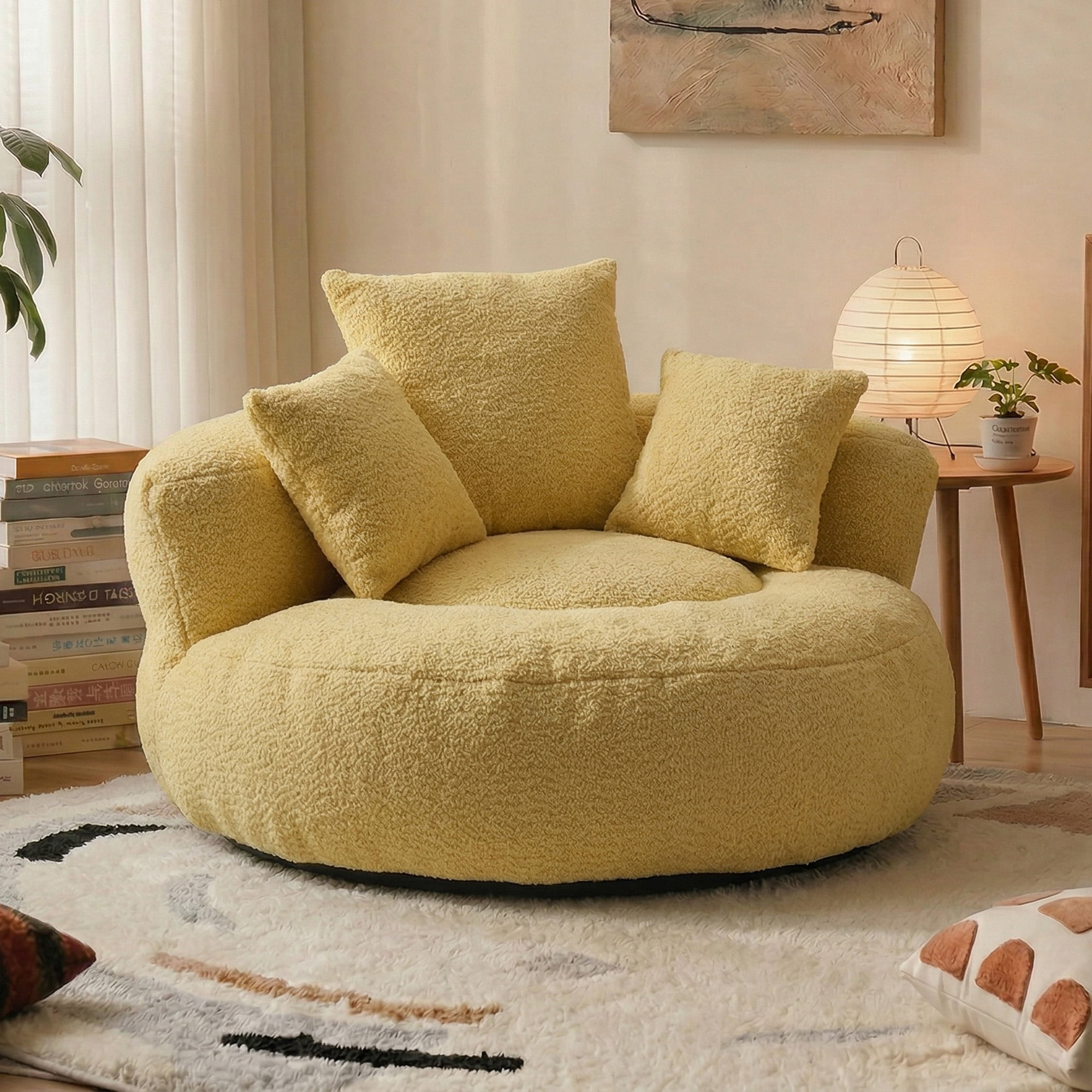 MOONMISS Oversized Bean Bag Chair, Chenille Lazy Bean Bag Sofa with Wrap-Around Backrest & Pillows for Living Room,Yellow